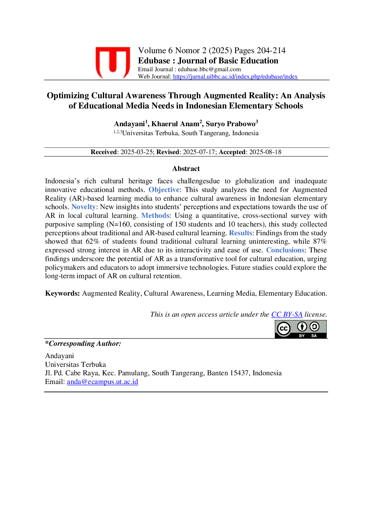 JURIS Optimizing Cultural Awareness Through Augmented Reality An Analysis of Educational Media Needs in Indonesian Elementary Schools