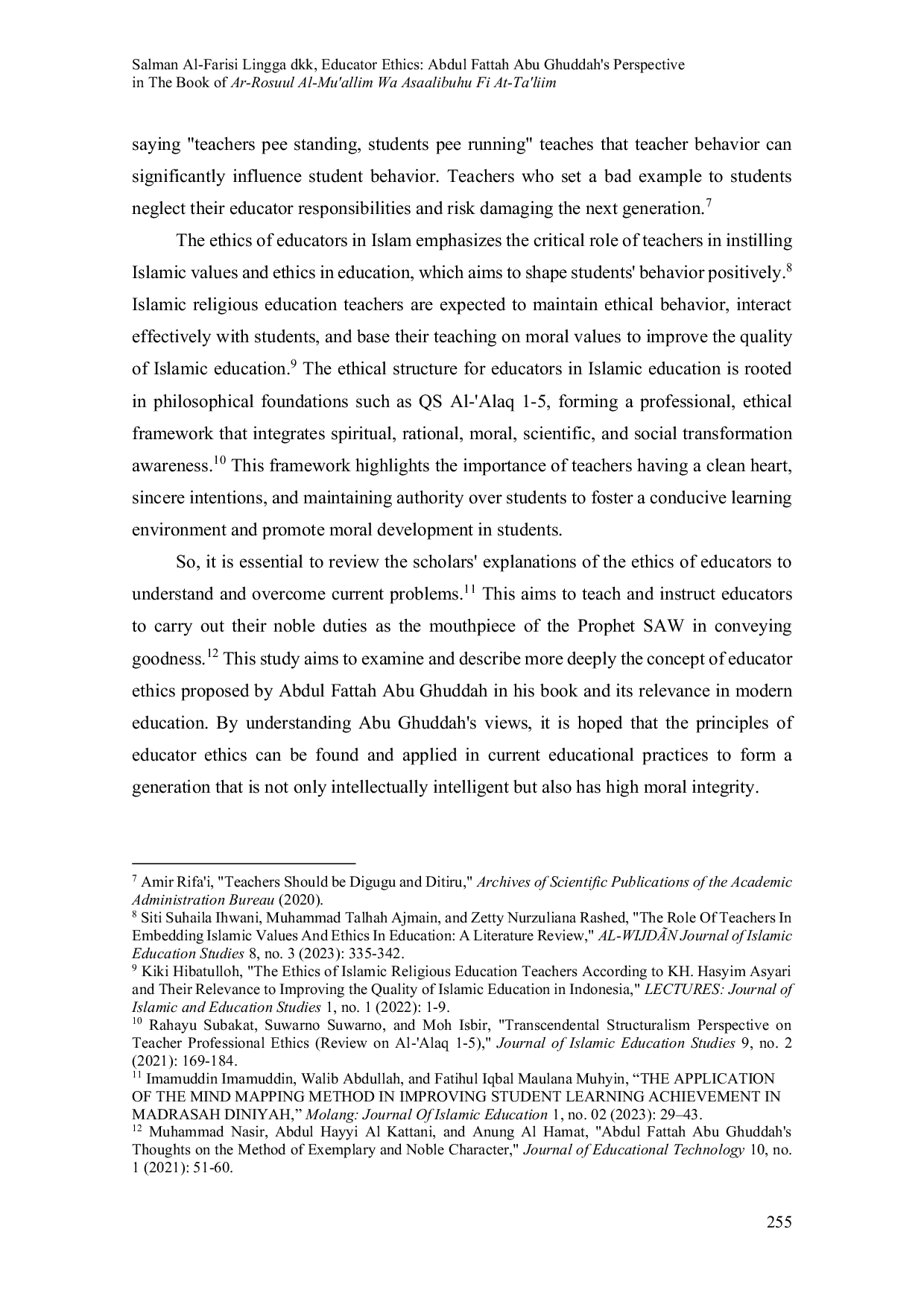 JURIS Educator Ethics Abdul Fattah Abu Ghuddah s Perspective In The Book of Ar Rosuul Al Mu allim Wa Asaalibuhu Fi At Ta liim