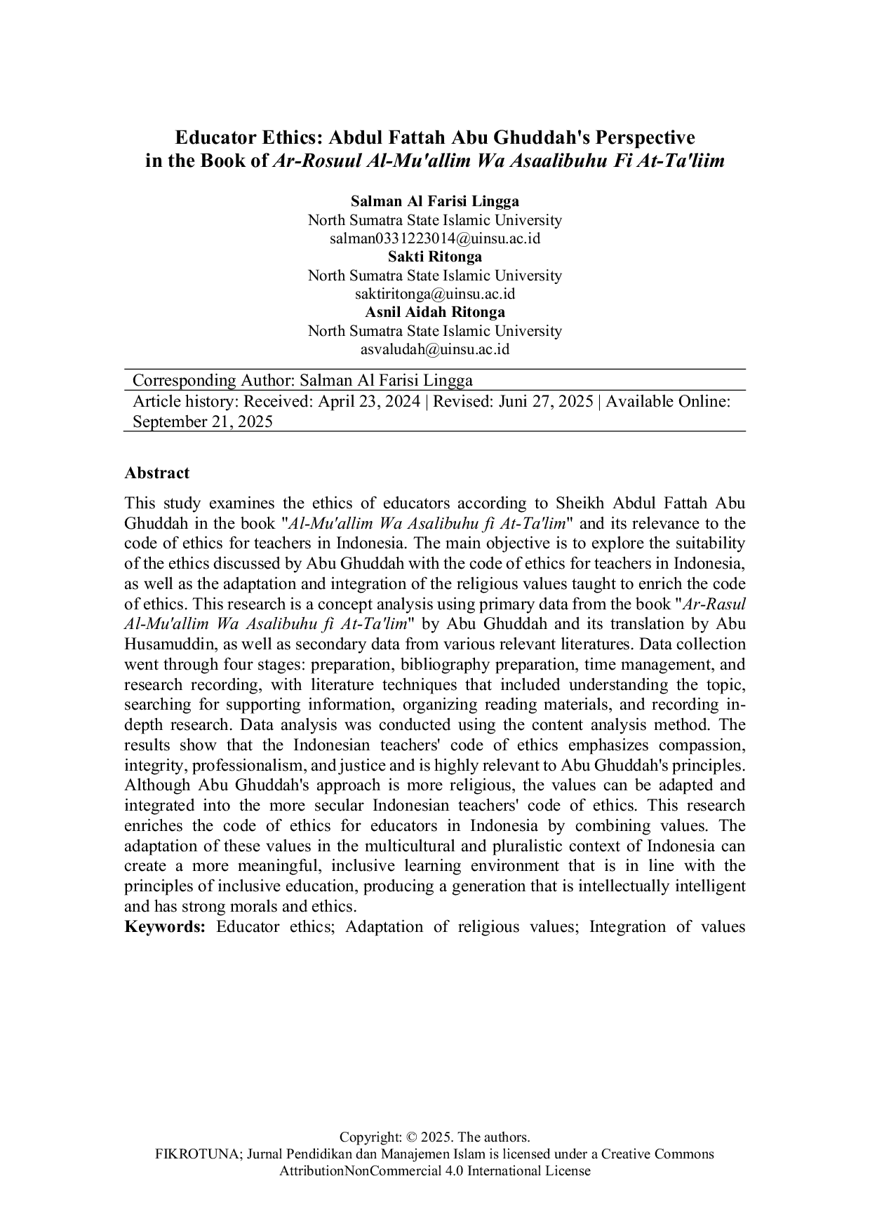 JURIS Educator Ethics Abdul Fattah Abu Ghuddah s Perspective In The Book of Ar Rosuul Al Mu allim Wa Asaalibuhu Fi At Ta liim