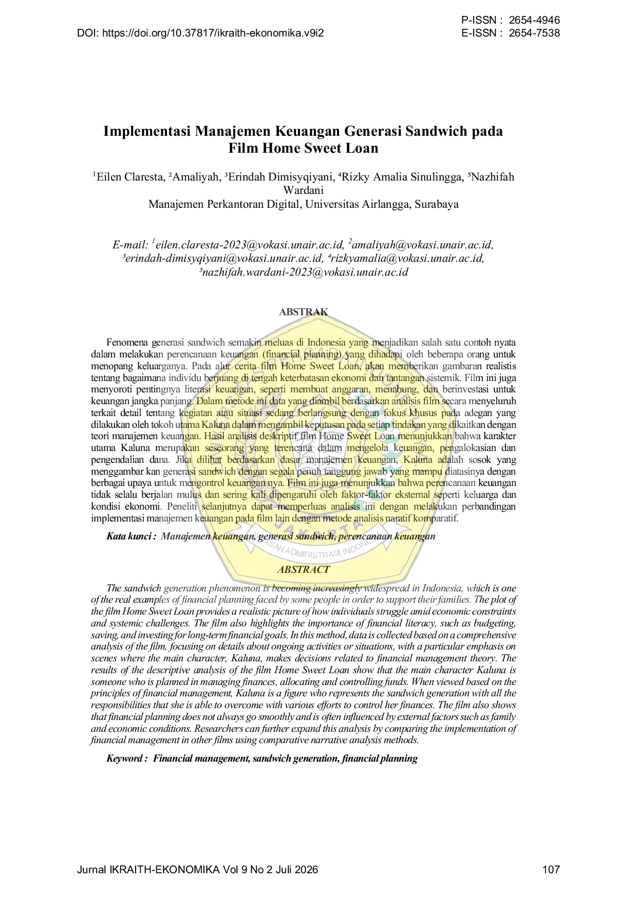 JURIS Implementasi Manajemen Keuangan Generasi Sandwich pada Film Home Sweet Loan