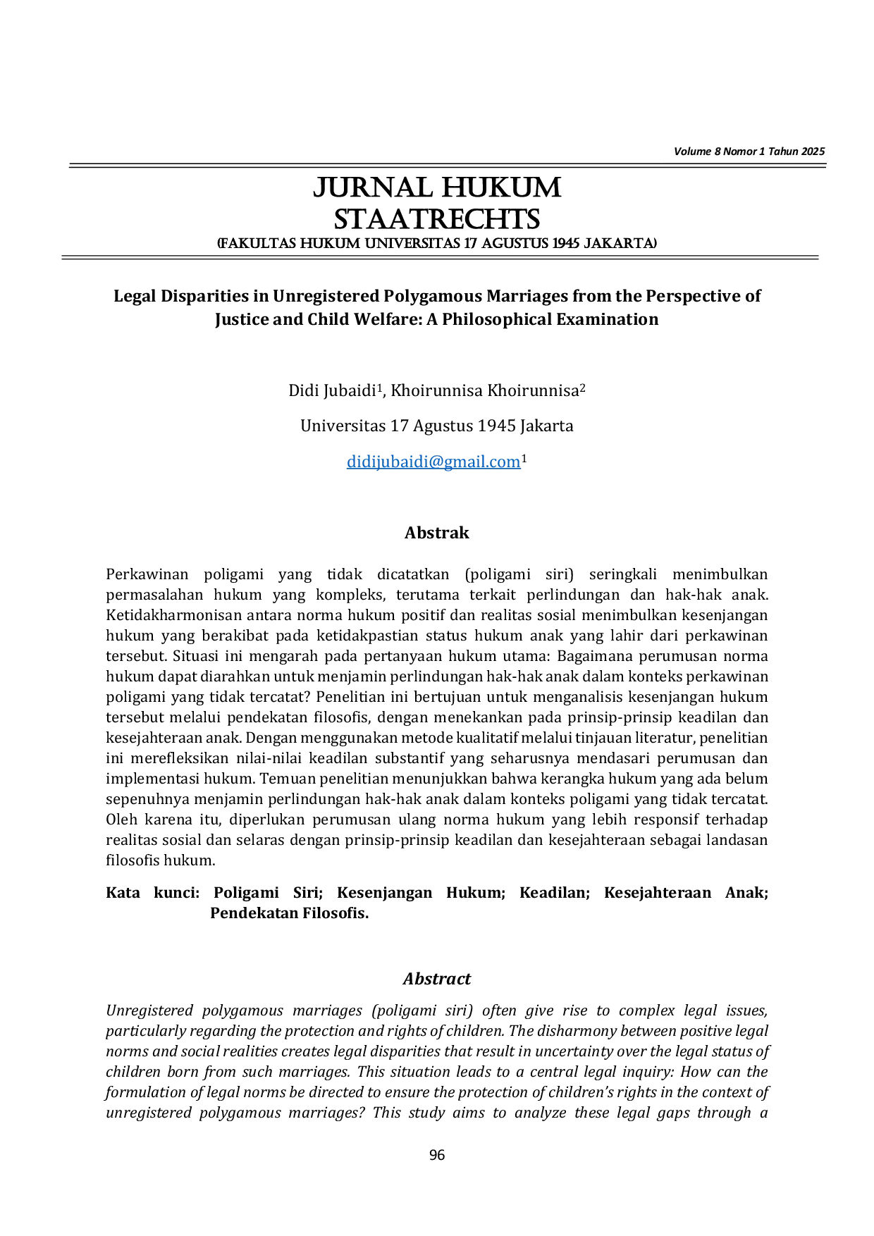 JURIS Legal Disparities in Unregistered Polygamous Marriages from the Perspective of Justice and Child Welfare A Philosophical Examination