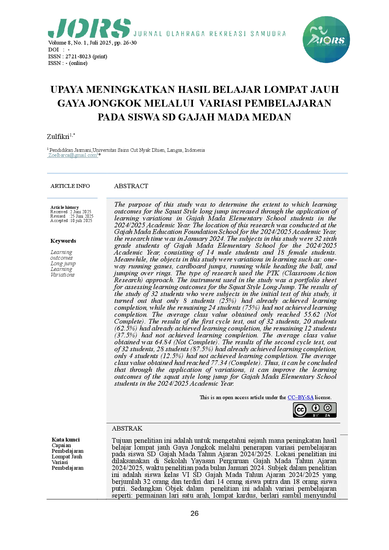 juris Upaya Meningkatkan Hasil Belajar Lompat Jauh Gaya Jongkok Melalui Variasi Pembelajaran Pada Siswa Sd Gajah Mada Medan