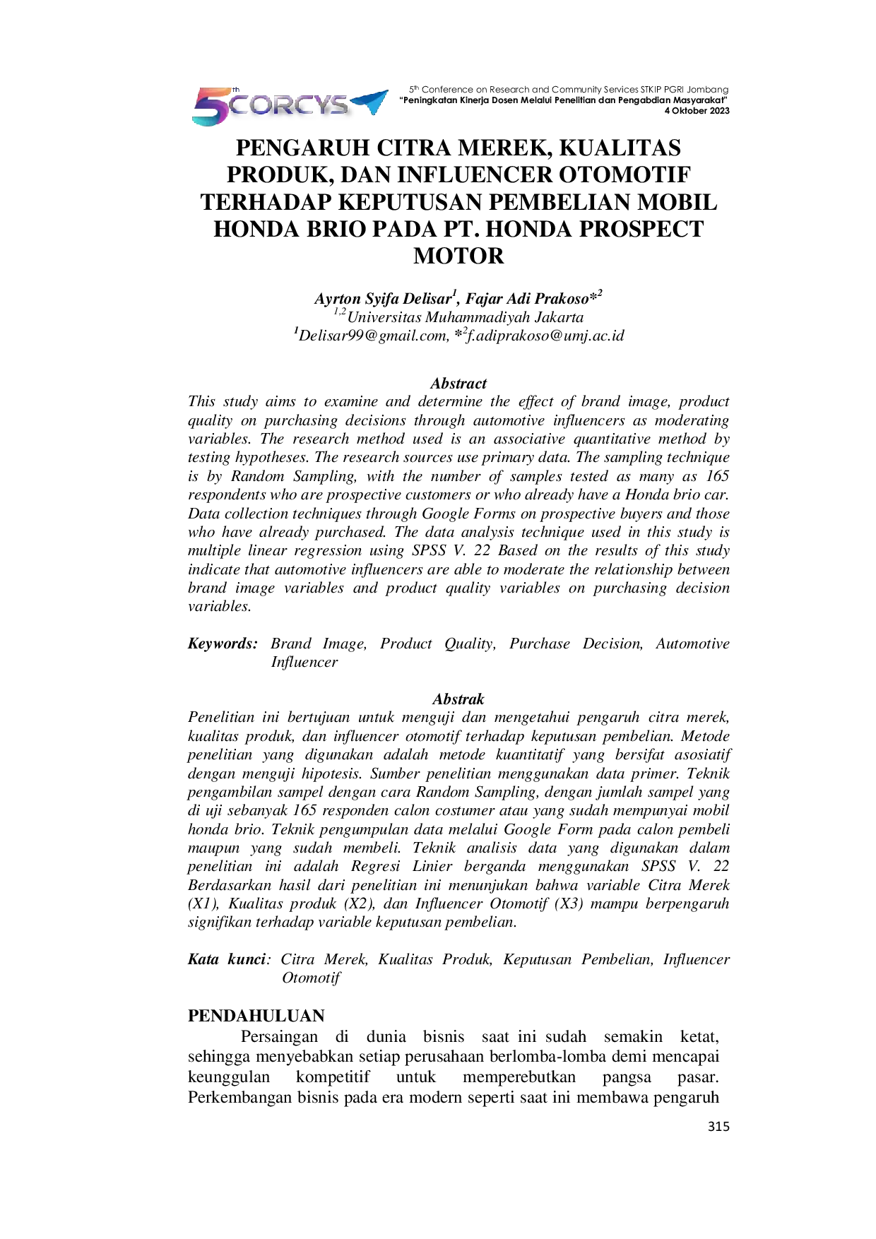 JURIS Pengaruh Citra Merek Kualitas Produk dan Influencer Otomotif Terhadap Keputusan Pembelian Mobil Honda Brio pada PT Honda Prospect Motor