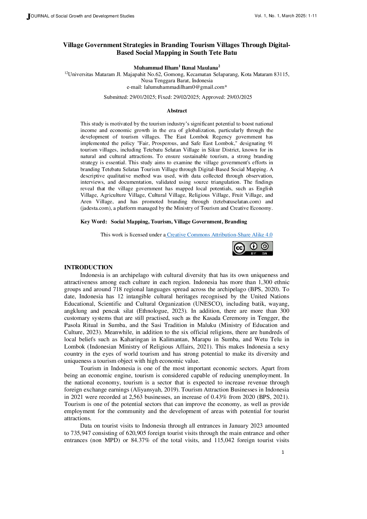 JURIS Village Government Strategies in Branding Tourism Villages Through Digital Based Social Mapping in South Tete Batu