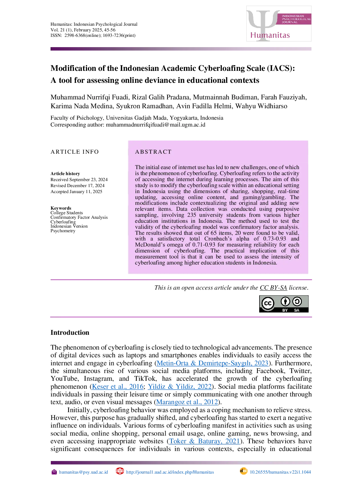 JURIS Modification of the Indonesian Academic Cyberloafing Scale IACS A tool for assessing online deviance in educational contexts