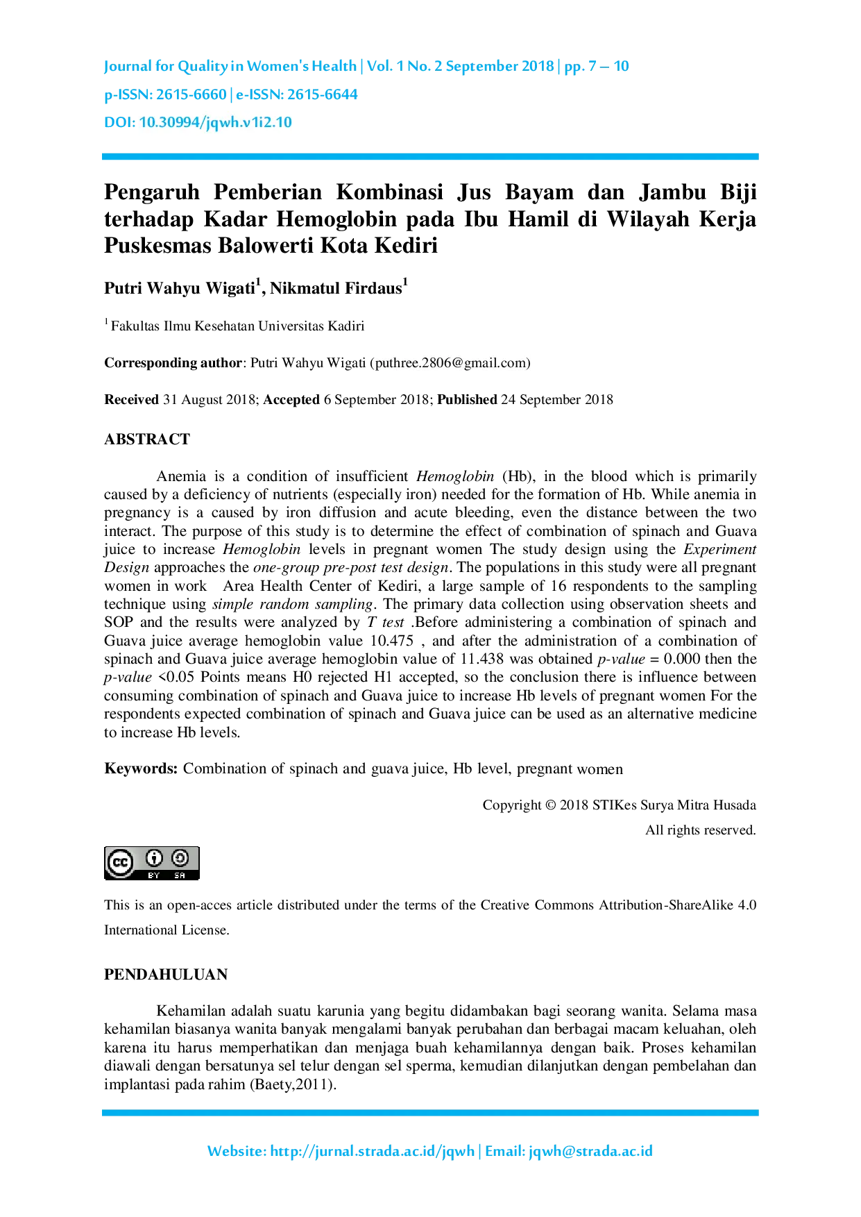 JURIS Pengaruh Pemberian Kombinasi Jus Bayam dan Jambu Biji terhadap Kadar Hemoglobin pada Ibu Hamil di Wilayah Kerja Puskesmas Balowerti Kota Kediri