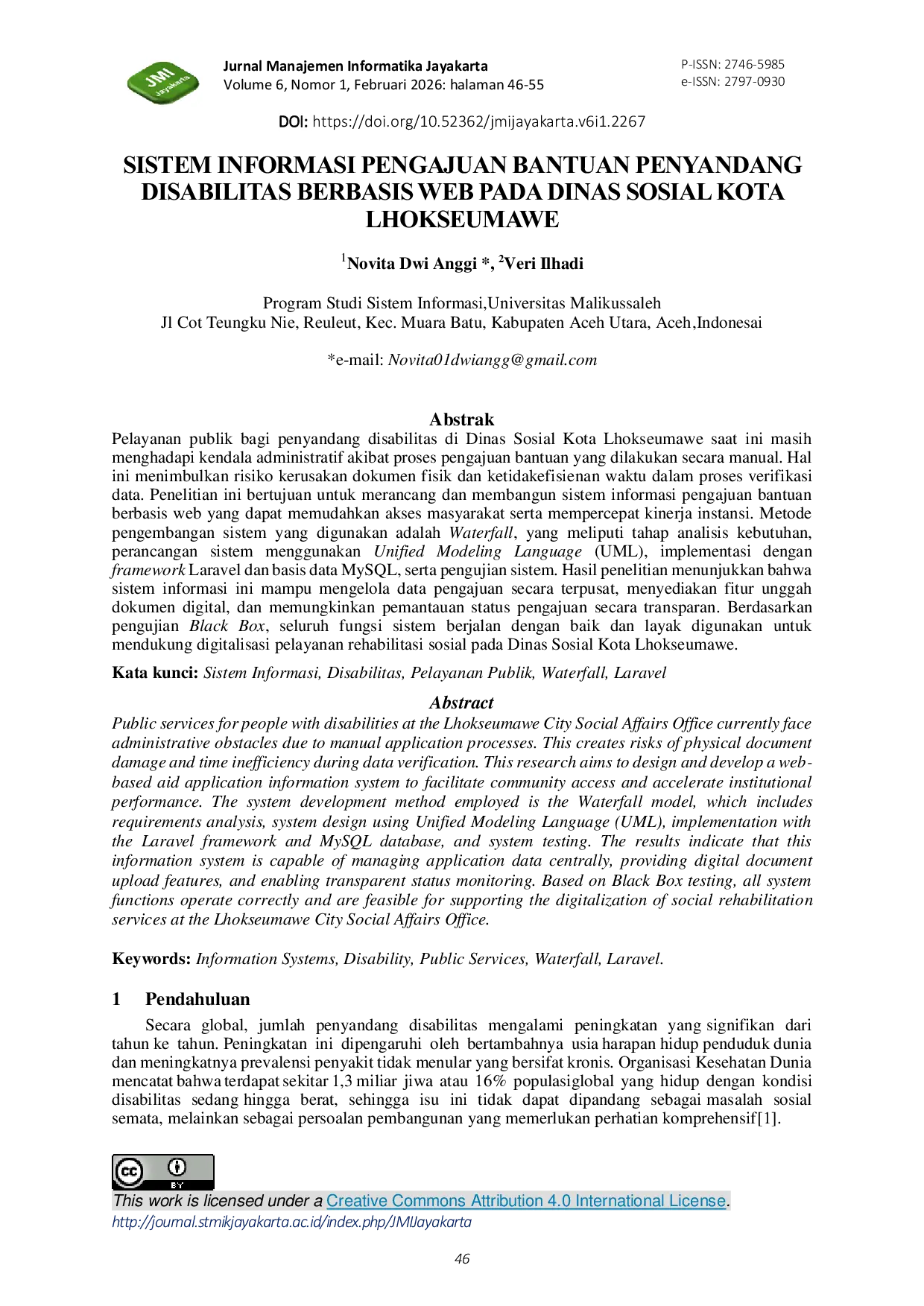 JURIS Sistem Informasi Pengajuan Bantuan Penyandang Disabilitas Berbasis Web Pada Dinas Sosial Kota Lhokseumawe