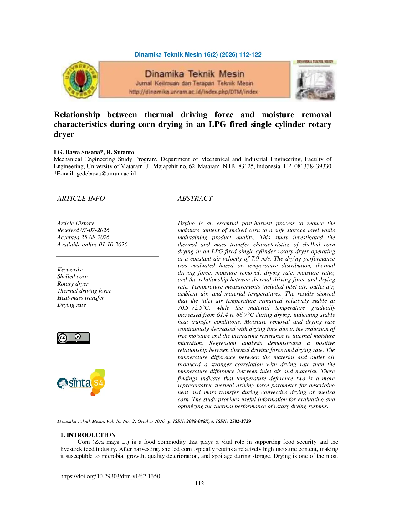 JURIS Relationship between thermal driving force and moisture removal characteristics during corn drying in an LPG fired single cylinder rotary dryer