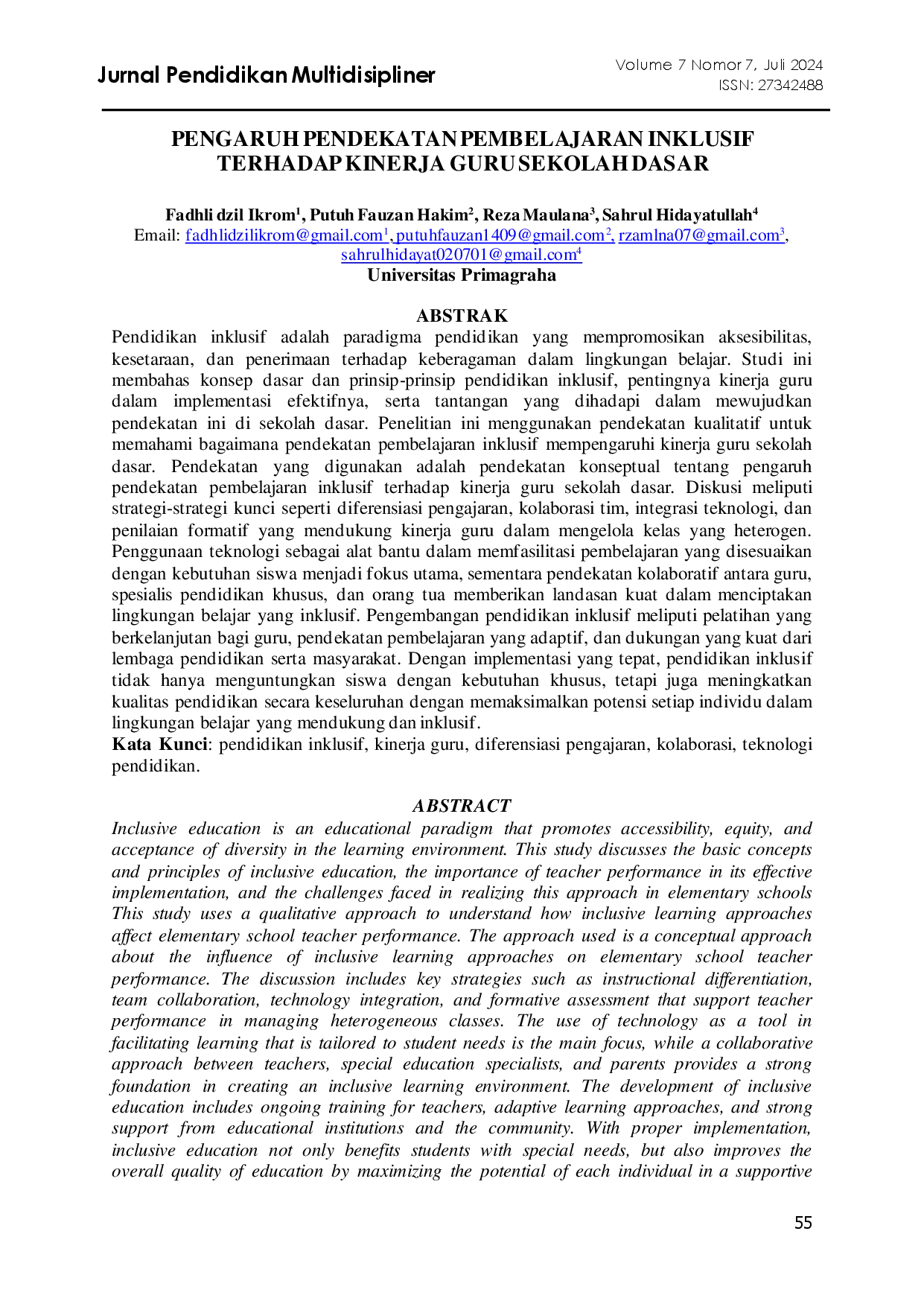 juris Pengaruh Pendekatan Pembelajaran Inklusif Terhadap Kinerja Guru Sekolah Dasar