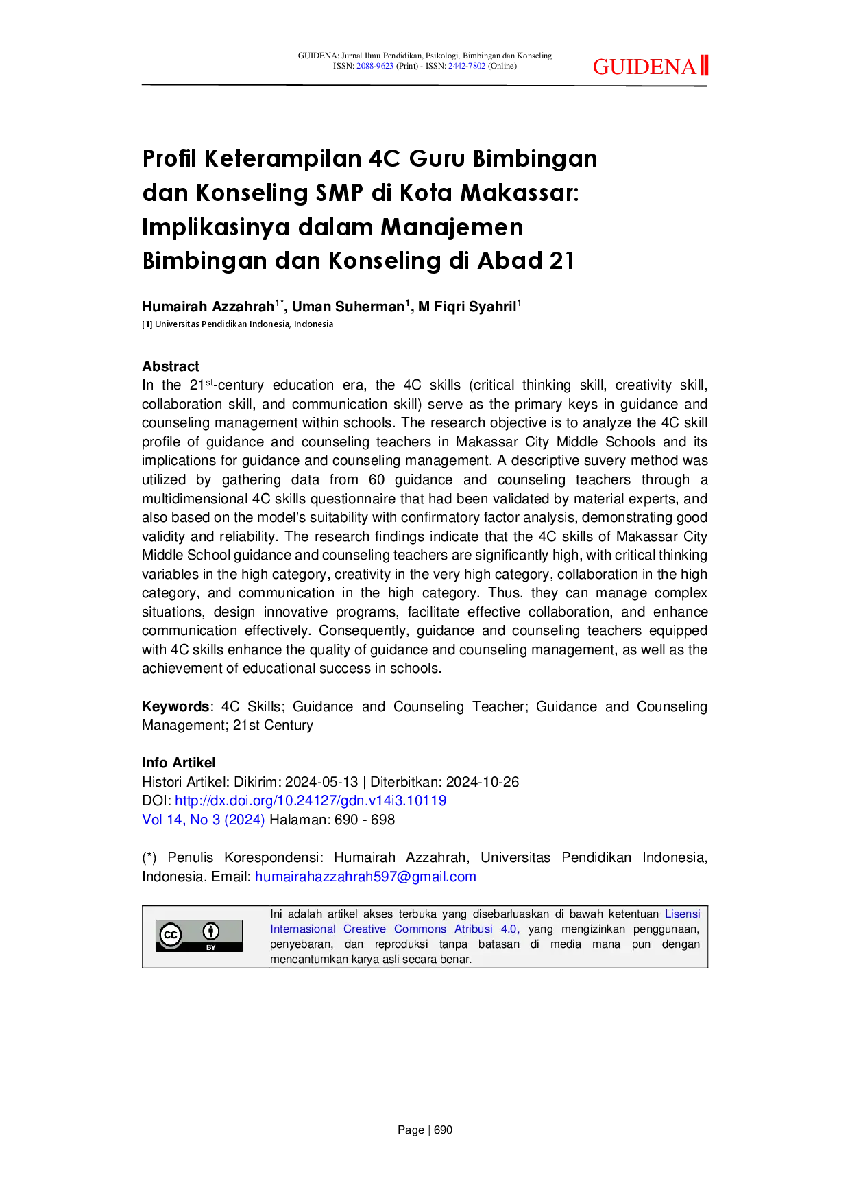 JURIS Profil Keterampilan 4C Guru Bimbingan dan Konseling SMP di Kota Makassar Implikasinya dalam Manajemen Bimbingan dan Konseling di Abad 21