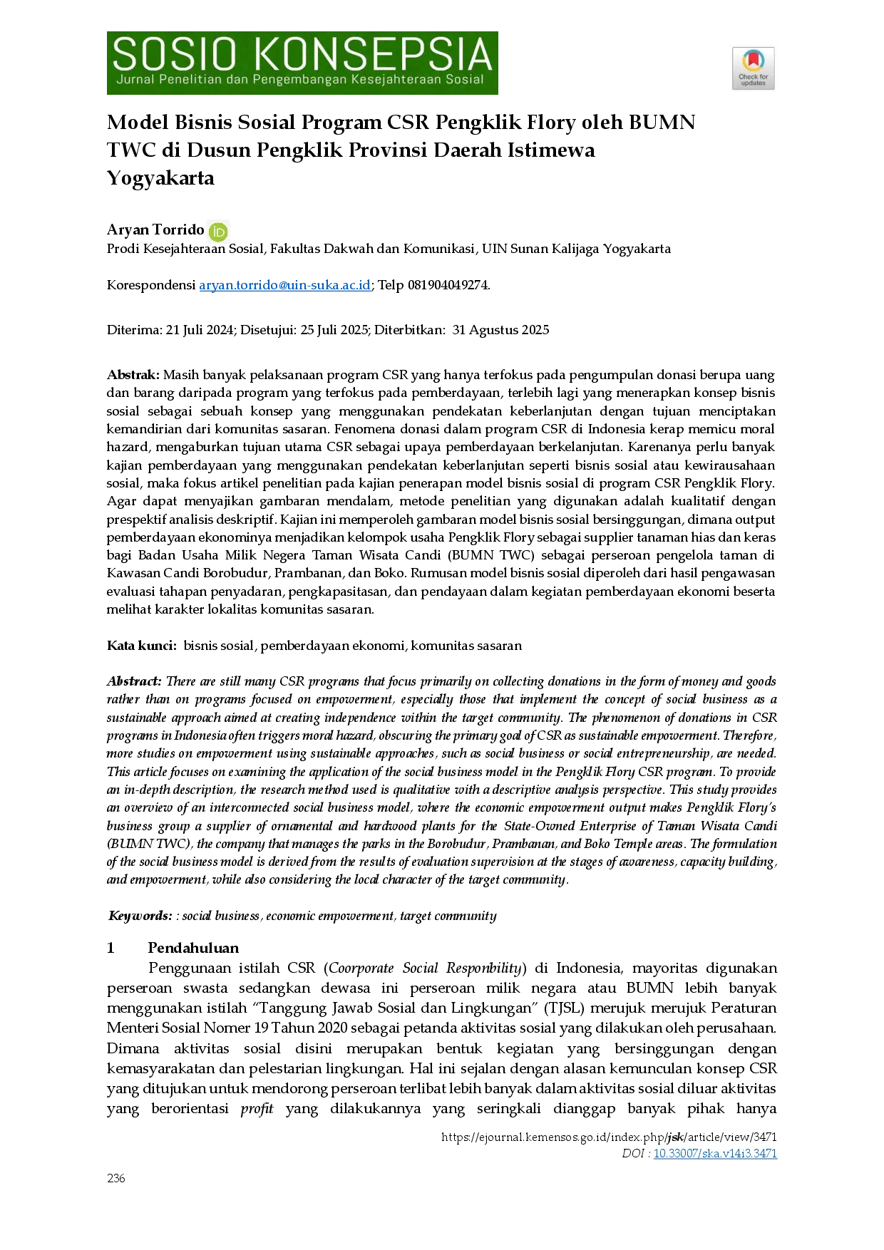 juris Model Bisnis Sosial Program CSR Pengklik Flory oleh BUMN TWC di Dusun Pengklik Provinsi Daerah Istimewa Yogyakarta