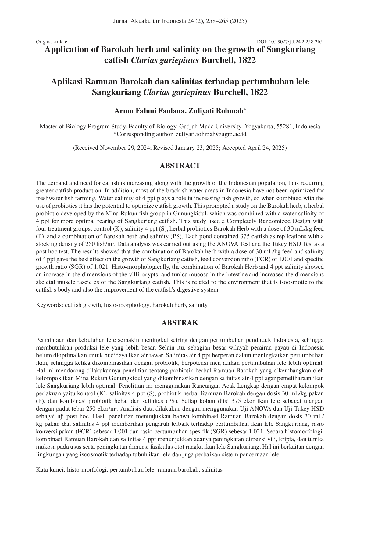 JURIS The Application of Barokah herb and salinity on the growth of Sangkuriang catfish Clarias gariepinus Burchell 1822