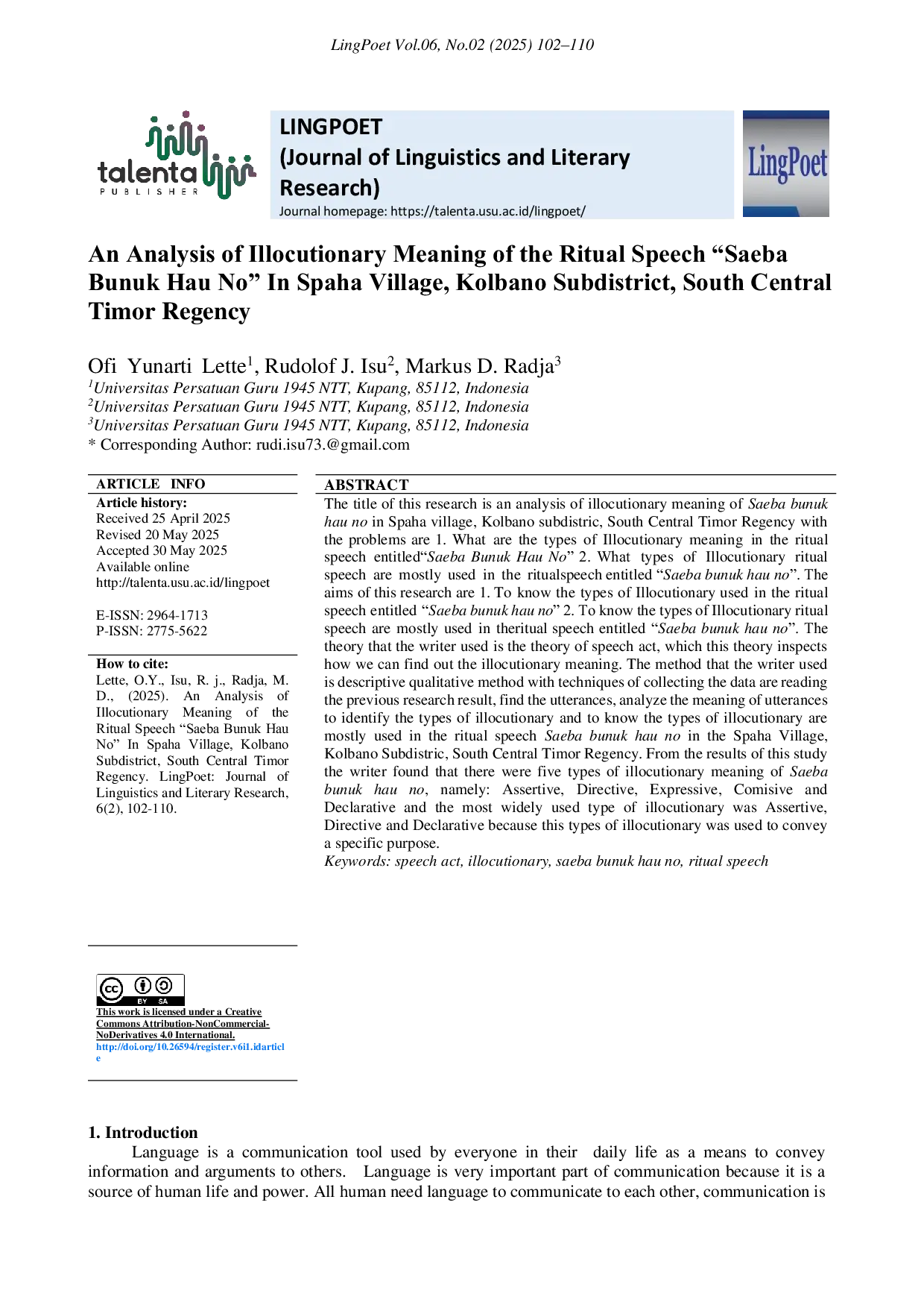 JURIS An Analysis of Illocutionary Meaning of the Ritual Speech Saeba Bunuk Hau No in Spaha Village Kolbano Subdistrict South Central Timor Regency
