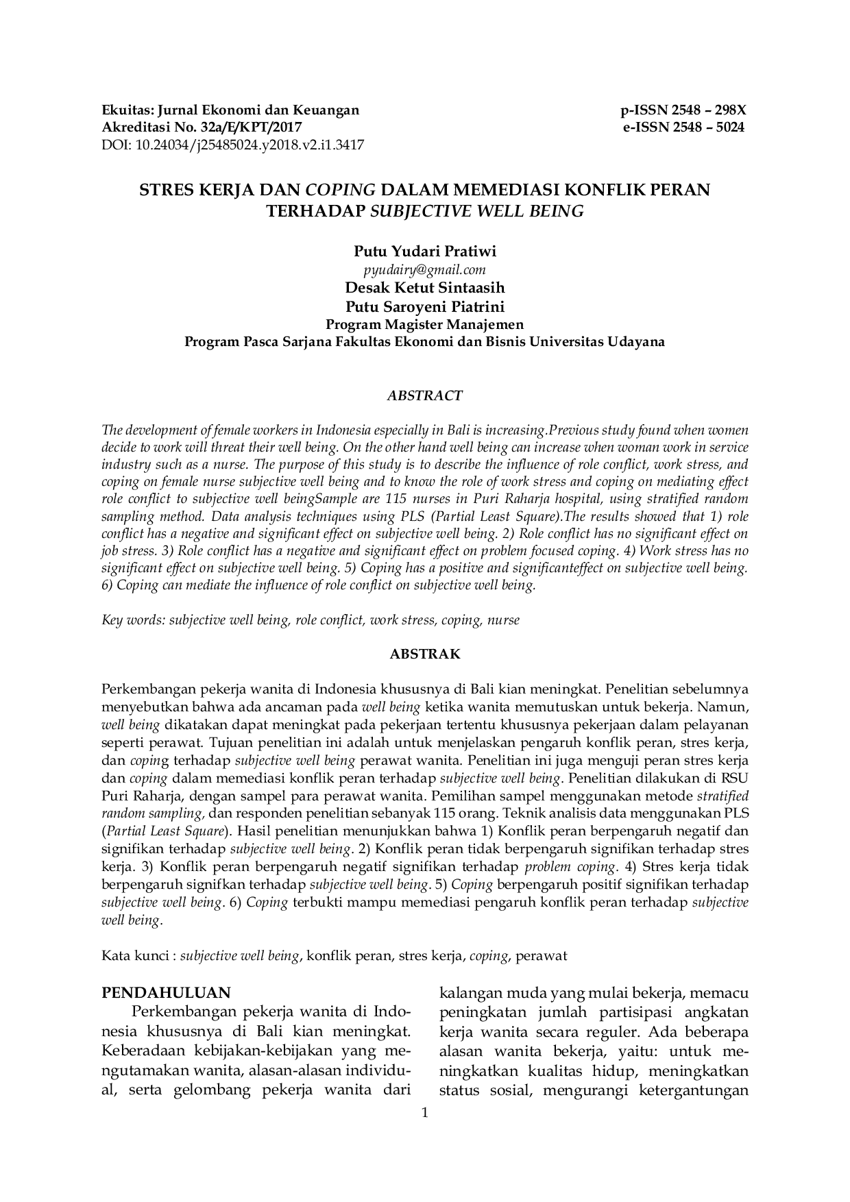 JURIS Stres Kerja Dan Coping Dalam Mediasi Konflik Peran Terhadap Subjective Well Being