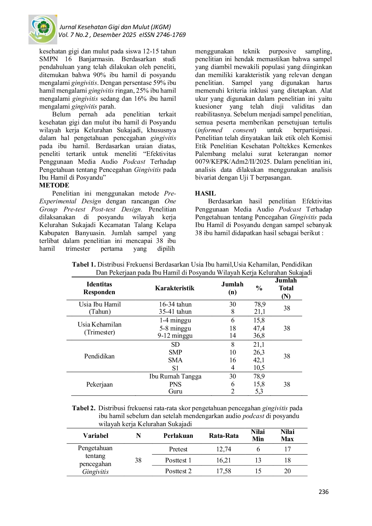 JURIS Efektivitas Penggunaan Audio Podcast Terhadap Pengetahuan Tentang Pencegahan Gingivitis Pada Ibu Hamil Di Posyandu