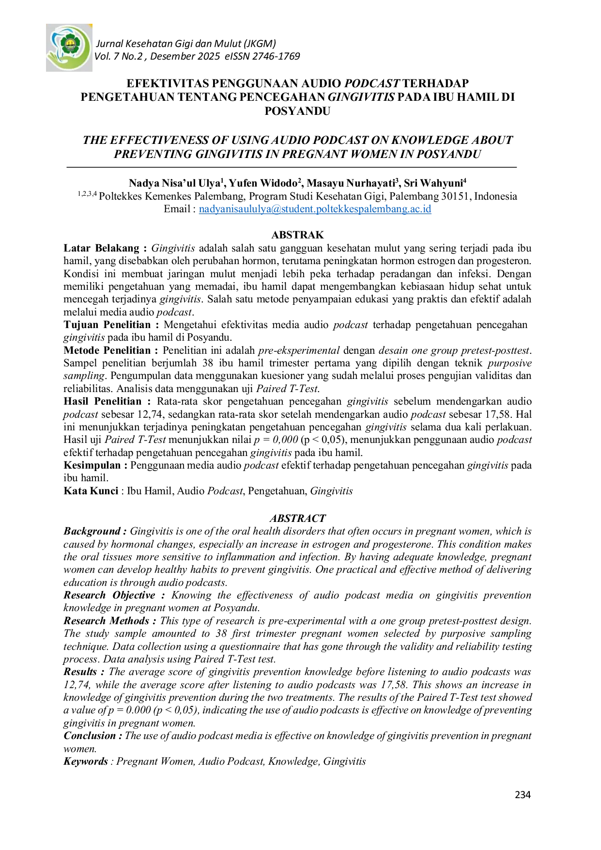 JURIS Efektivitas Penggunaan Audio Podcast Terhadap Pengetahuan Tentang Pencegahan Gingivitis Pada Ibu Hamil Di Posyandu