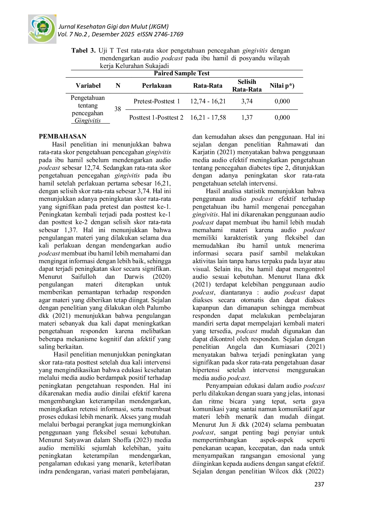 JURIS Efektivitas Penggunaan Audio Podcast Terhadap Pengetahuan Tentang Pencegahan Gingivitis Pada Ibu Hamil Di Posyandu