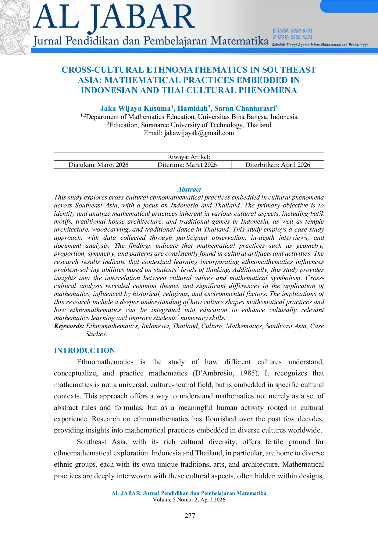 JURIS Cross Cultural Ethnomathematics in Southeast Asia Mathematical Practices Embedded in Indonesian and Thai Cultural Phenomena