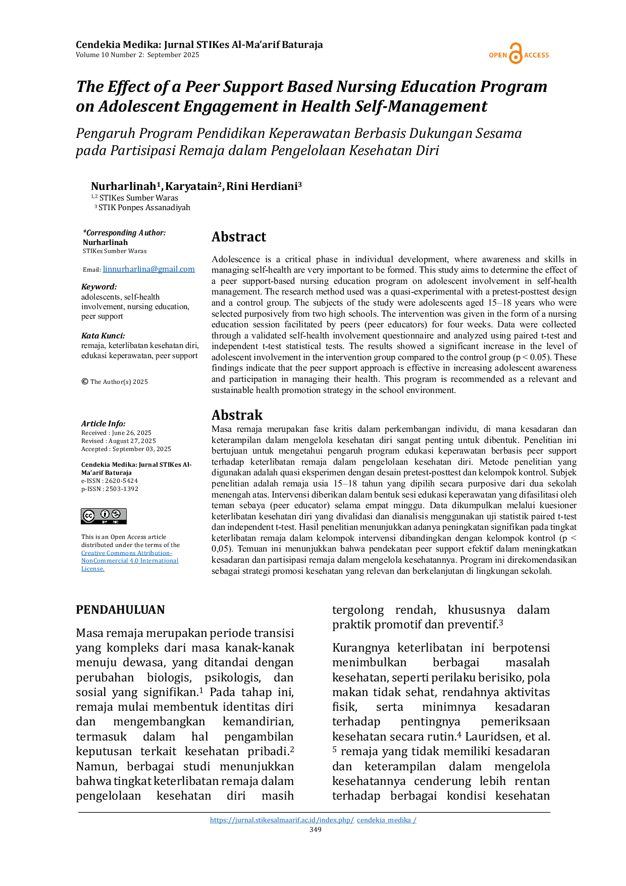 JURIS The Effect of a Peer Support Based Nursing Education Program on Adolescent Engagement in Health Self Management