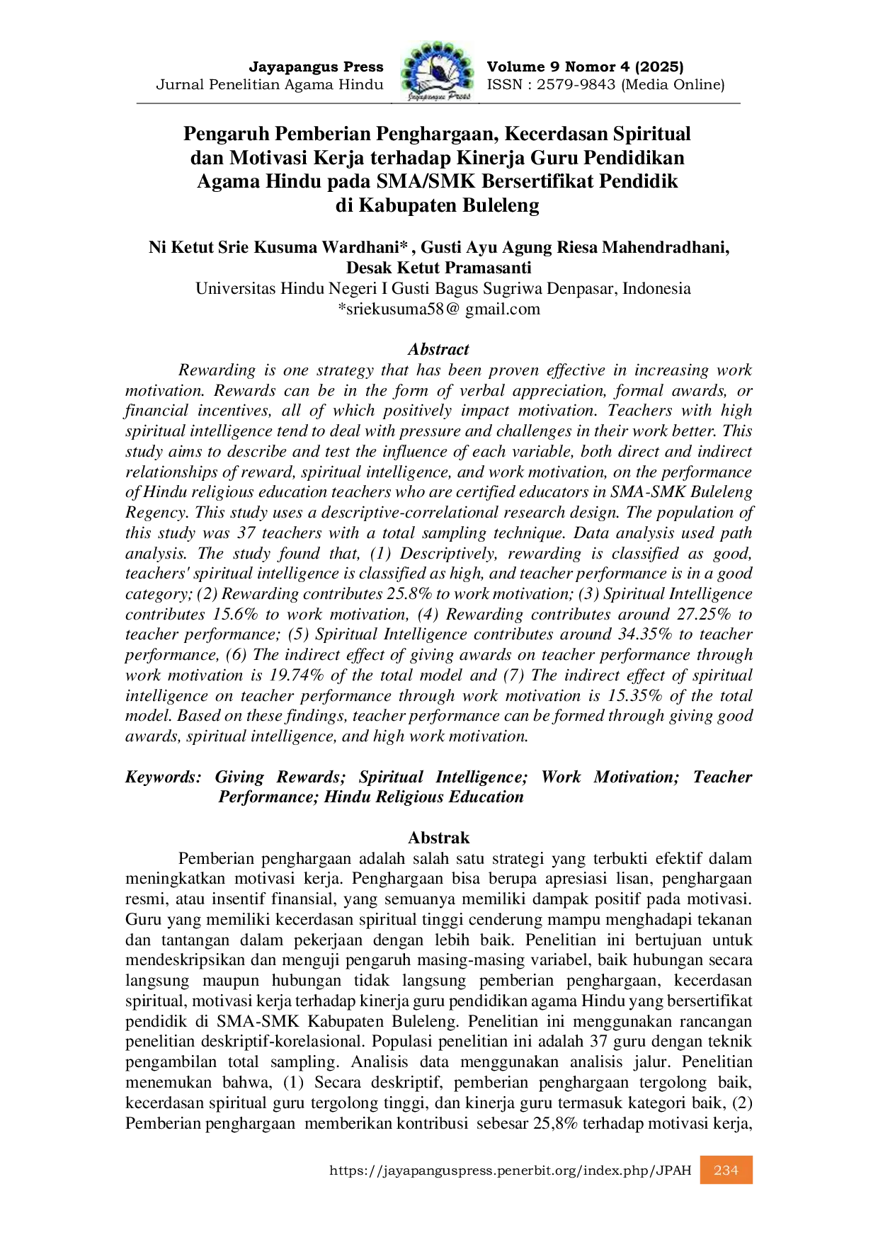 JURIS Pengaruh Pemberian Penghargaan Kecerdasan Spiritual dan Motivasi Kerja terhadap Kinerja Guru Pendidikan Agama Hindu pada SMA SMK Bersertifikat Pendidik di Kabupaten Buleleng