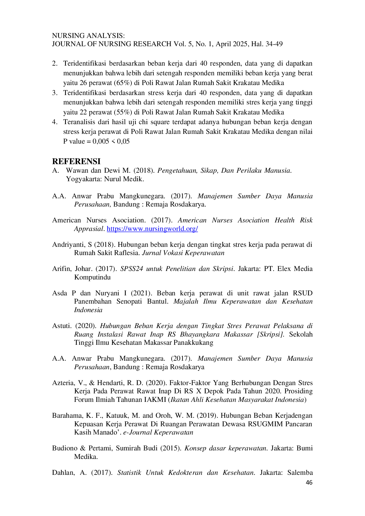JURIS Hubungan Beban Kerja Perawat Dengan Stres Kerja Perawat Di Poli Rawat Jalan Rumah Sakit Krakatau Medika Kota Cilegon Banten