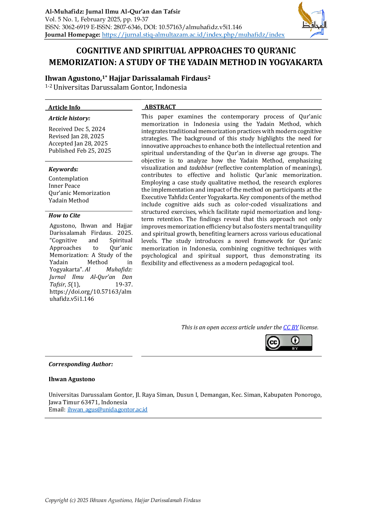 JURIS Cognitive and Spiritual Approaches To Qur anic Memorization A Study of The Yadain Method in Yogyakarta