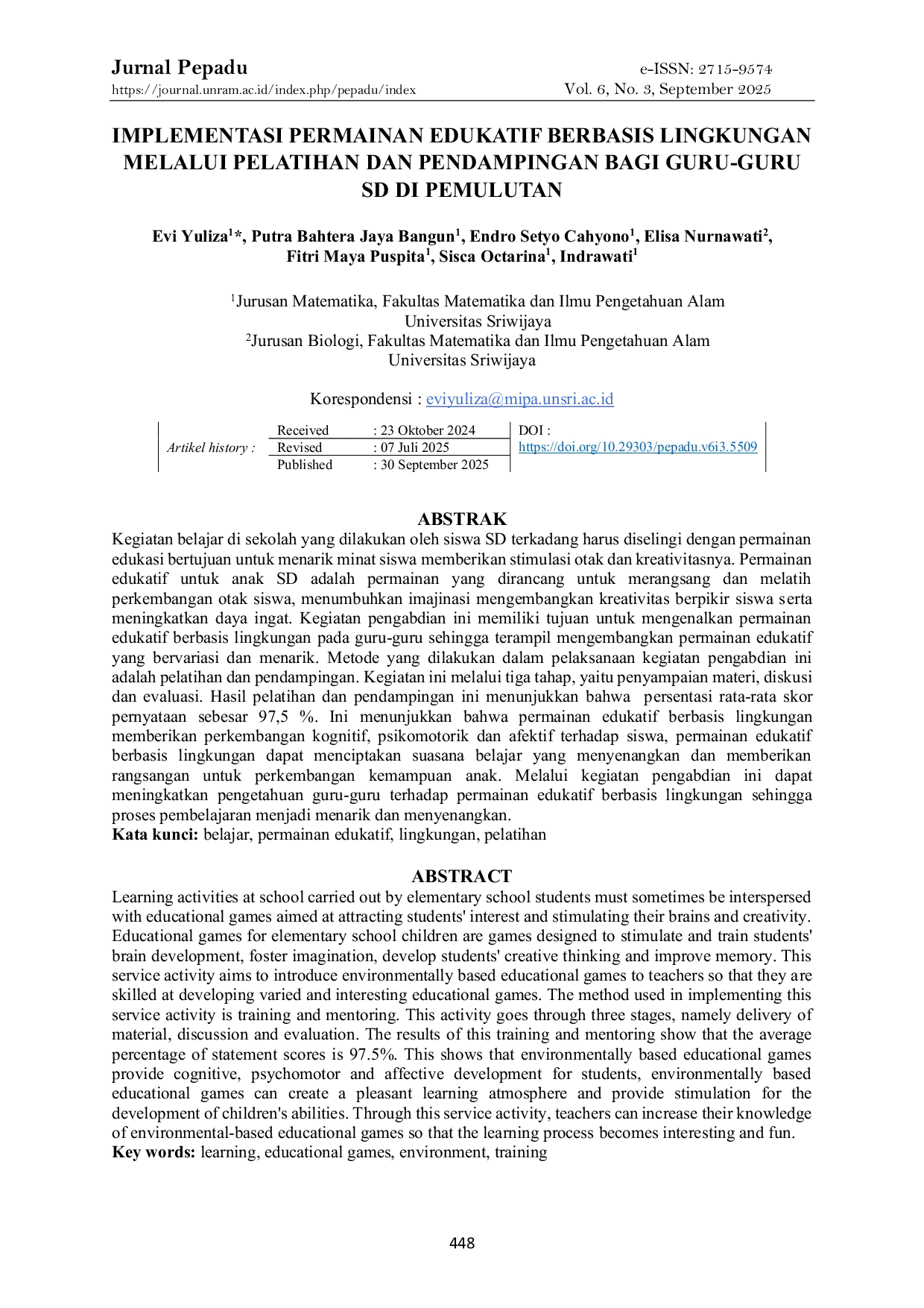 JURIS Implementasi Permainan Edukatif Berbasis Lingkungan Melalui Pelatihan dan Pendampingan Bagi Guru Guru SD di Pemulutan