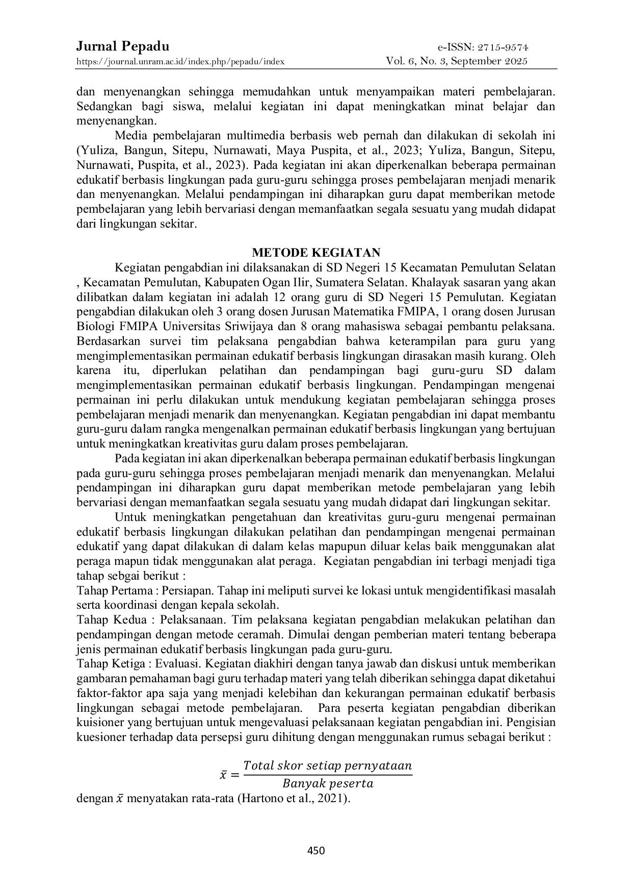 JURIS Implementasi Permainan Edukatif Berbasis Lingkungan Melalui Pelatihan dan Pendampingan Bagi Guru Guru SD di Pemulutan