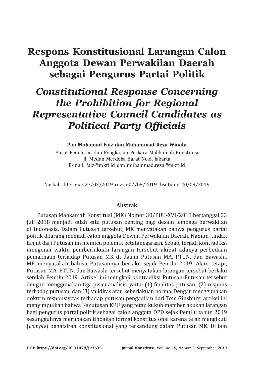 JURIS Respons Konstitusional Larangan Calon Anggota Dewan Perwakilan Daerah sebagai Pengurus Partai Politik