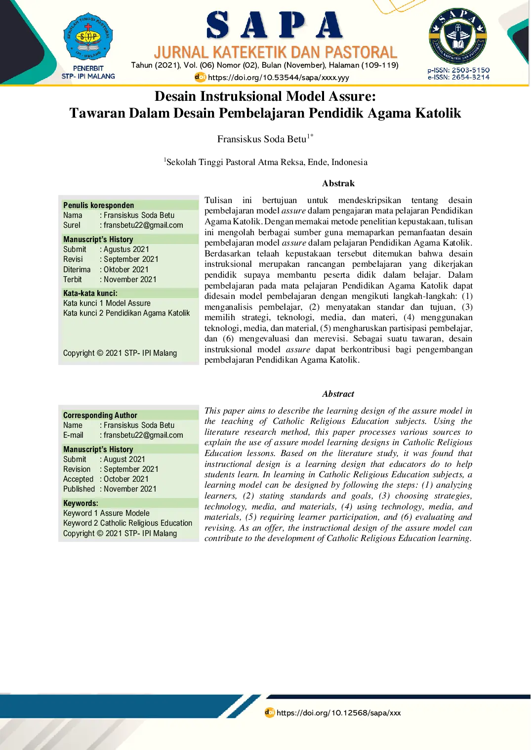 JURIS Desain Instruksional Model Assure Tawaran Dalam Desain Pembelajaran Pendidik Agama Katolik