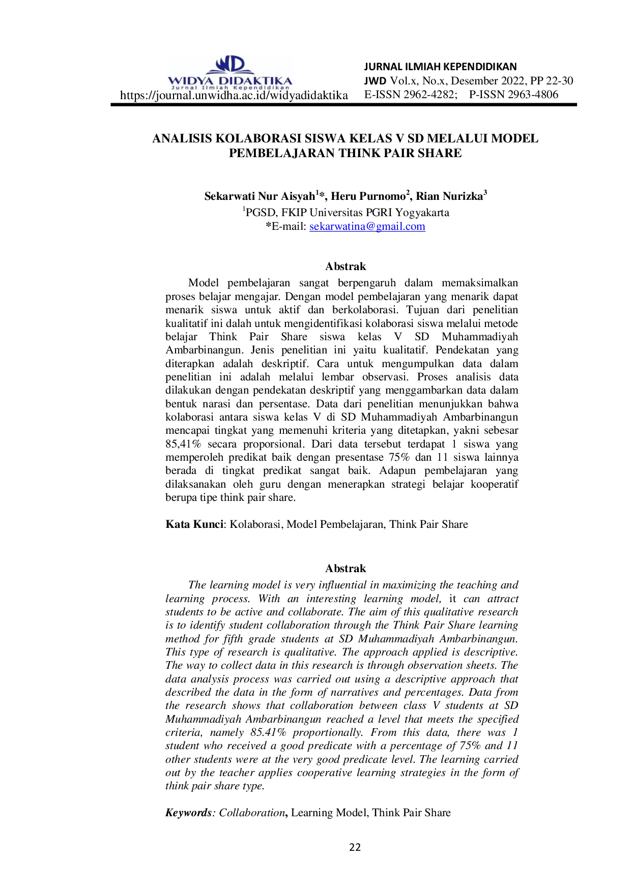 JURIS Analisis Kolaborasi Siswa Kelas V SD Melalui Model Pembelajaran Think Pair Share