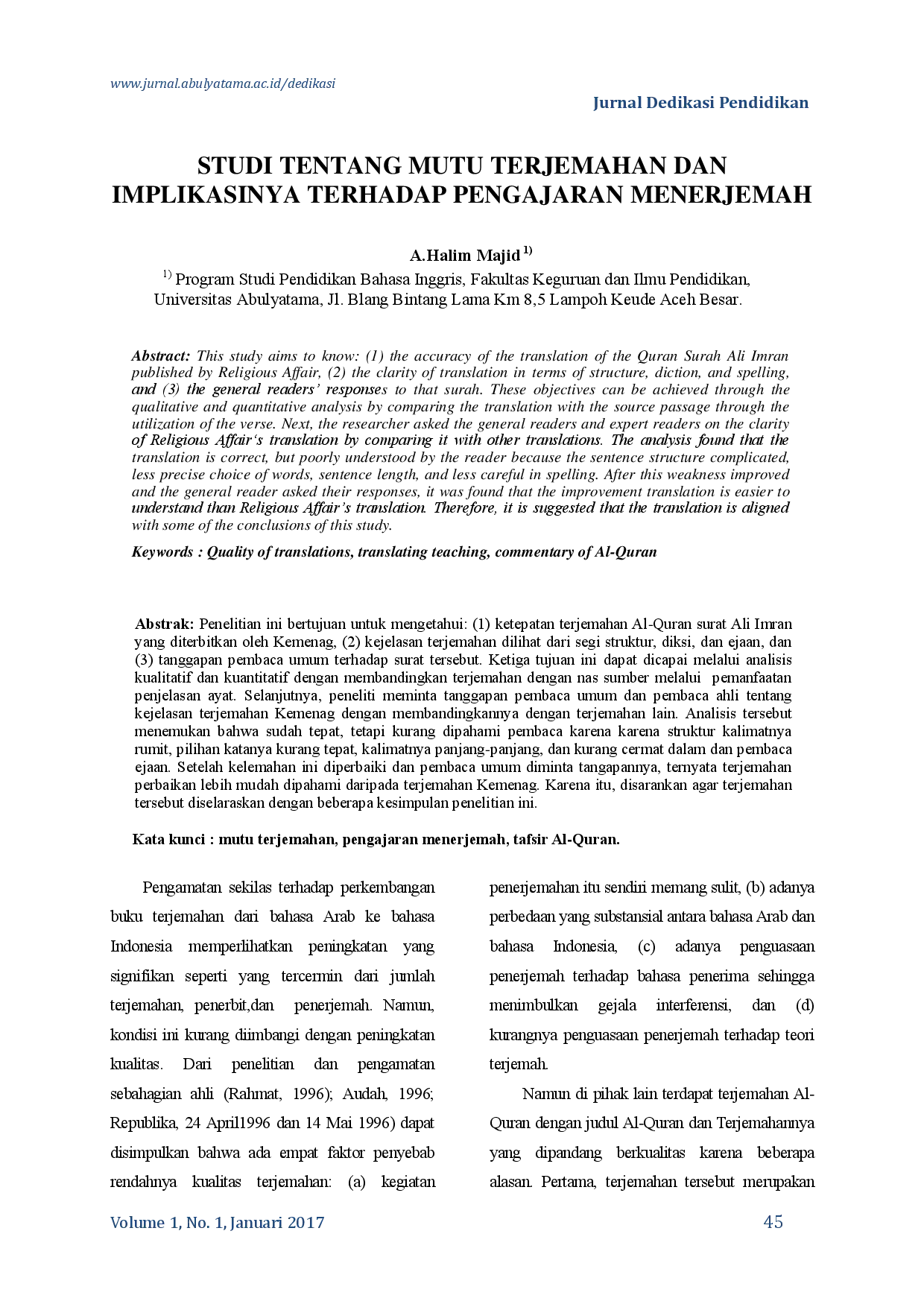 juris Studi Tentang Mutu Terjemahan Dan Implikasinya Terhadap Pengajaran Menerjemah