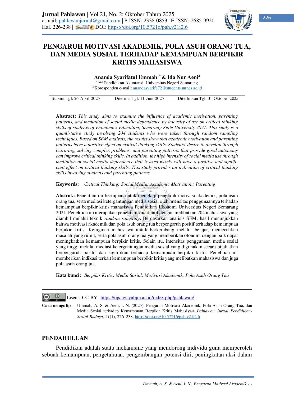 JURIS Pengaruh Motivasi Akademik Pola Asuh Orang Tua dan Media Sosial terhadap Kemampuan Berpikir Kritis Mahasiswa