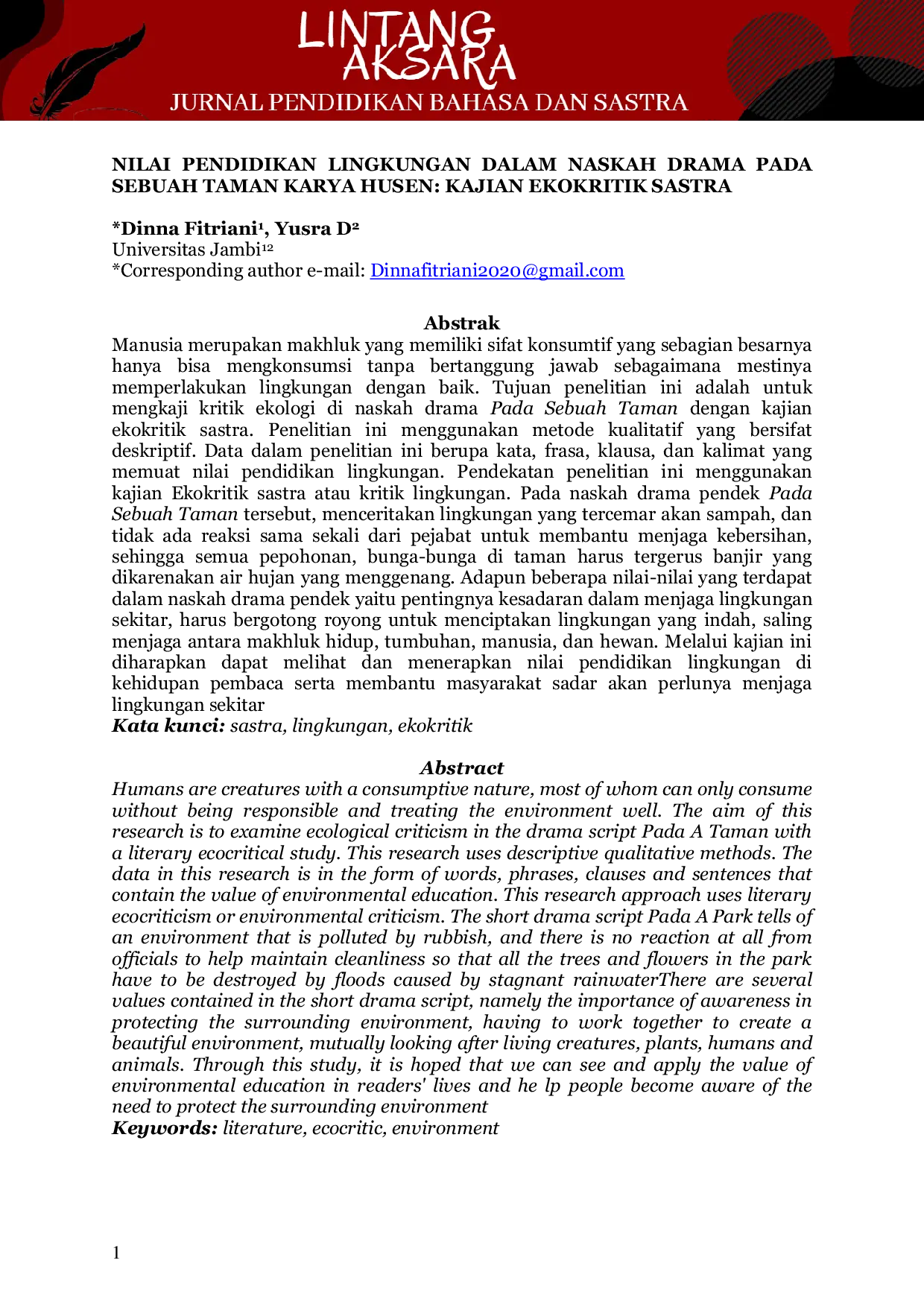JURIS Nilai Pendidikan Lingkungan Dalam Naskah Drama Pada Sebuah Taman Karya Husen Kajian Ekokritik Sastra