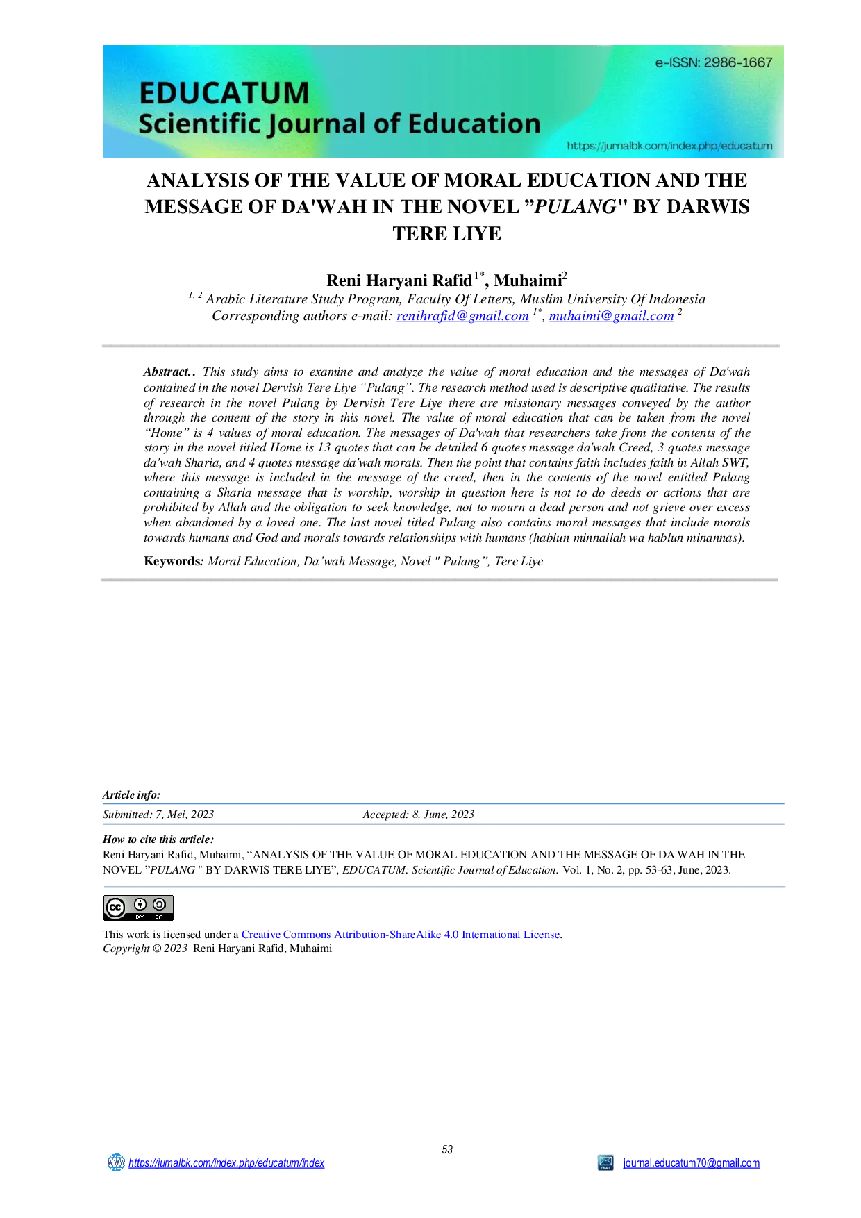 JURIS Analysis Of The Value Of Moral Education And The Message Of Da wah In The Novel Pulang By Darwis Tere Liye