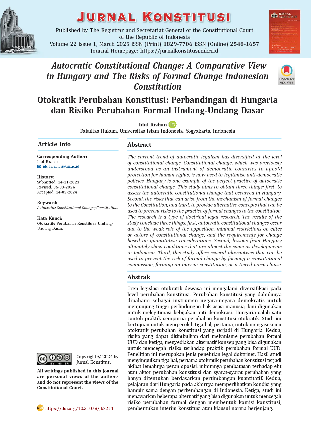 juris Autocratic Constitutional Change A Comparative View in Hungary and The Risks of Formal Change Indonesian Constitution Otokratik Perubahan Konstitusi Perbandingan di Hungaria dan Risiko Perubahan Fo