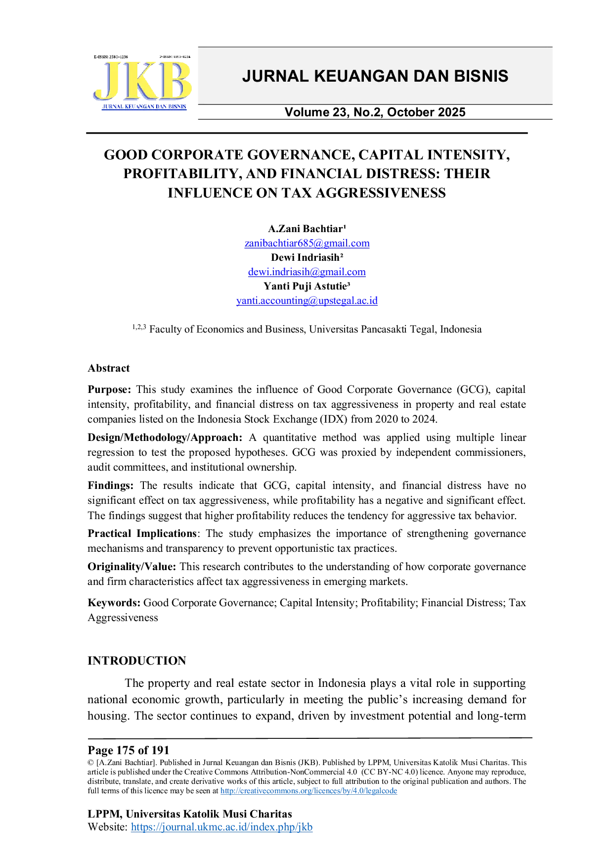 JURIS Good Corporate Governance Capital Intensity Profitability and Financial Distress Their Influence on Tax Aggressiveness