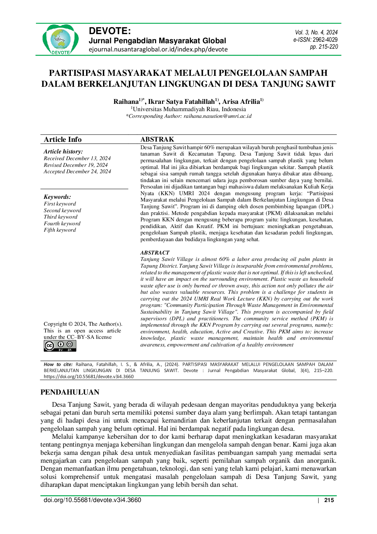 JURIS Partisipasi Masyarakat melalui Pengelolaan Sampah dalam Berkelanjutan Lingkungan di Desa Tanjung Sawit