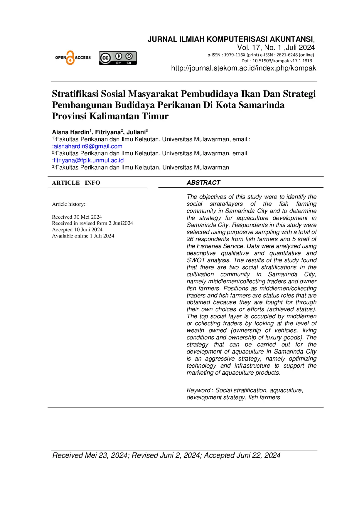 JURIS Stratifikasi Sosial Masyarakat Pembudidaya Ikan Dan Strategi Pembangunan Budidaya Perikanan Di Kota Samarinda Provinsi Kalimantan Timur