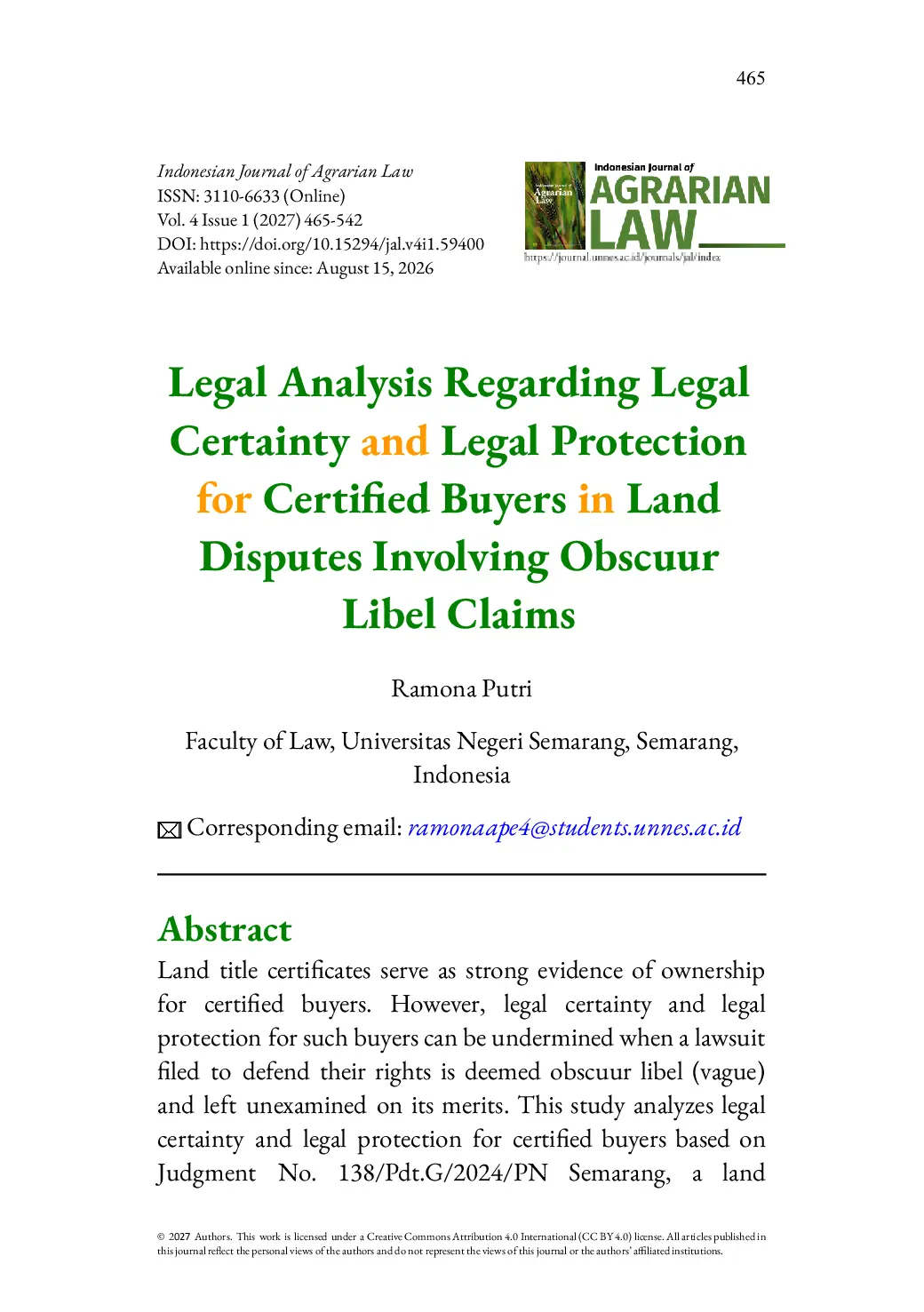 JURIS Legal Analysis Regarding Legal Certainty and Legal Protection for Certified Buyers in Land Disputes Involving Obscuur Libel Claims