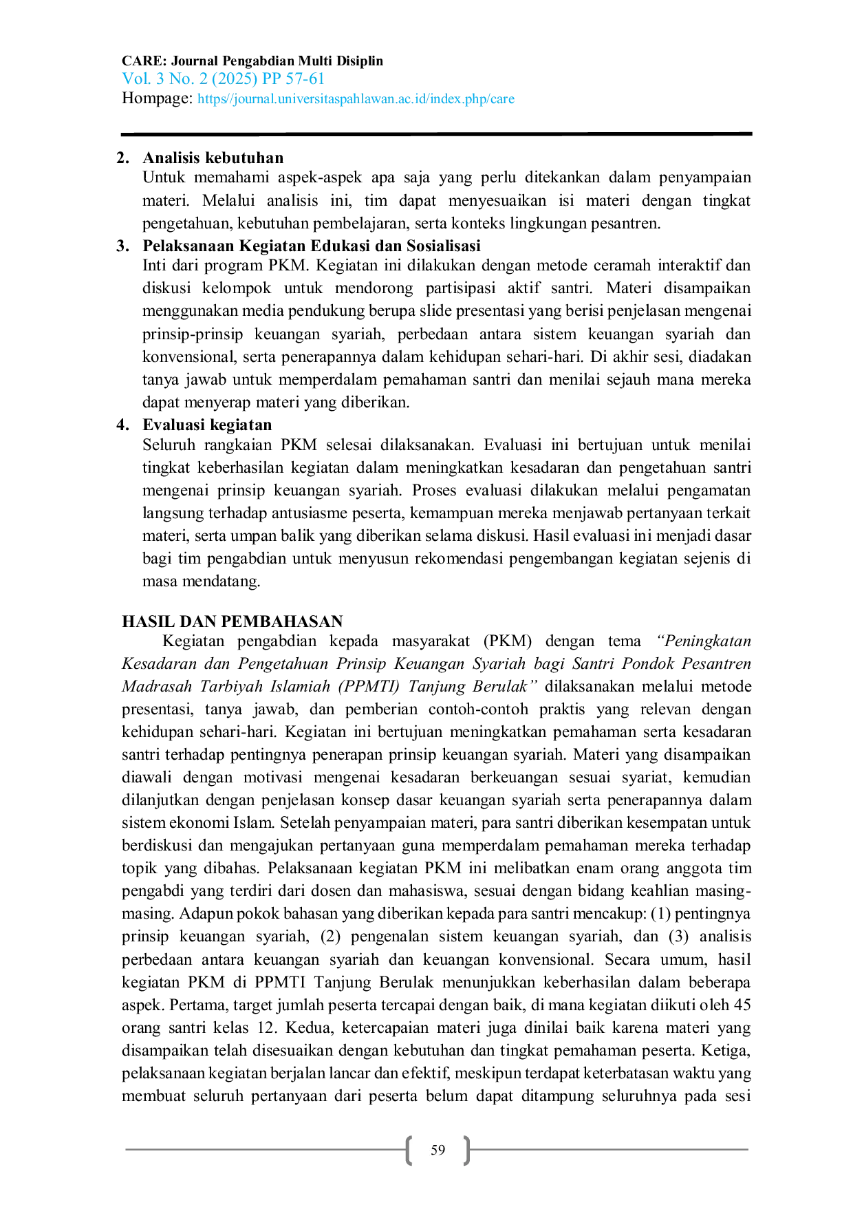 JURIS Penguatan Pemahaman dan Kesadaran Siswa MA PPMTI Tanjung Berulak Air Tiris terhadap Prinsip Keuangan Syariah