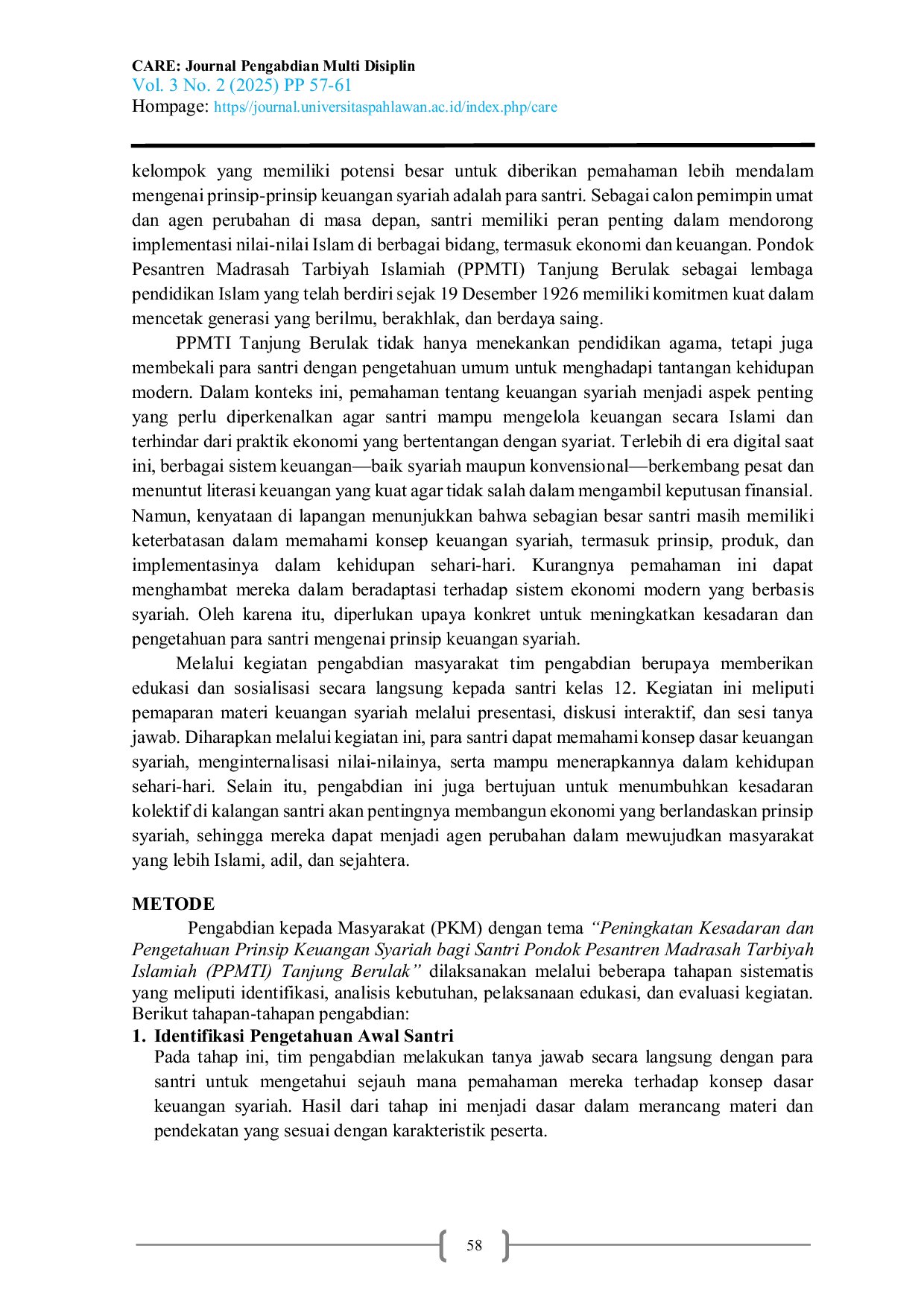 JURIS Penguatan Pemahaman dan Kesadaran Siswa MA PPMTI Tanjung Berulak Air Tiris terhadap Prinsip Keuangan Syariah