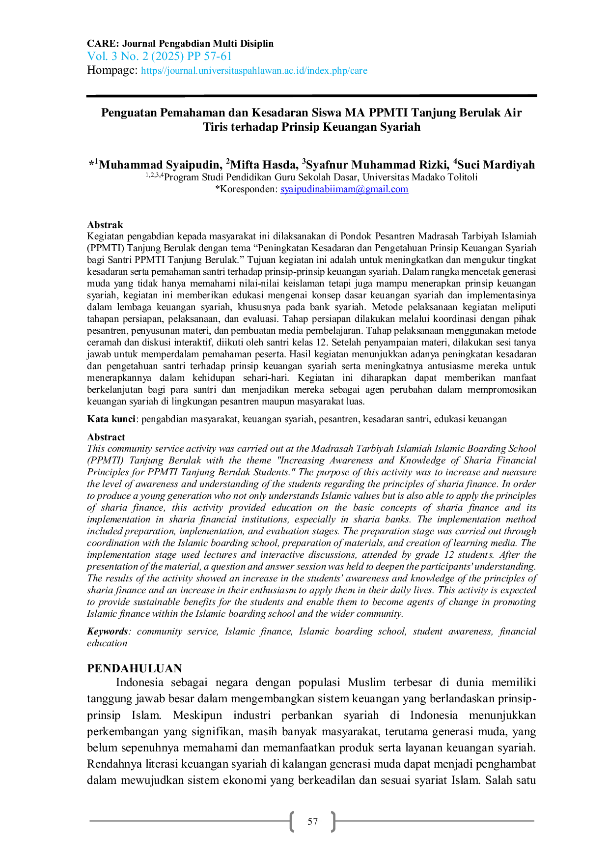 JURIS Penguatan Pemahaman dan Kesadaran Siswa MA PPMTI Tanjung Berulak Air Tiris terhadap Prinsip Keuangan Syariah