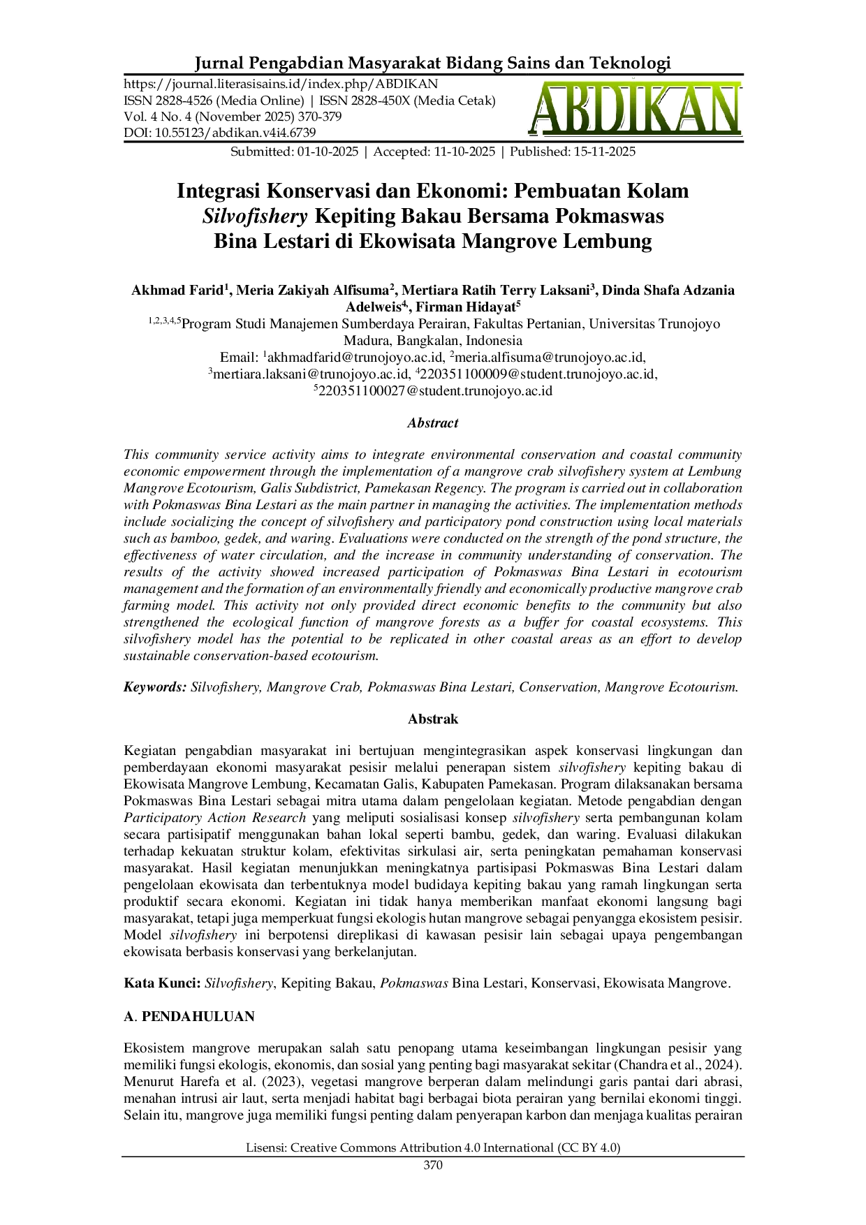 JURIS Integrasi Konservasi dan Ekonomi Pembuatan Kolam Silvofishery Kepiting Bakau Bersama Pokmaswas Bina Lestari di Ekowisata Mangrove Lembung