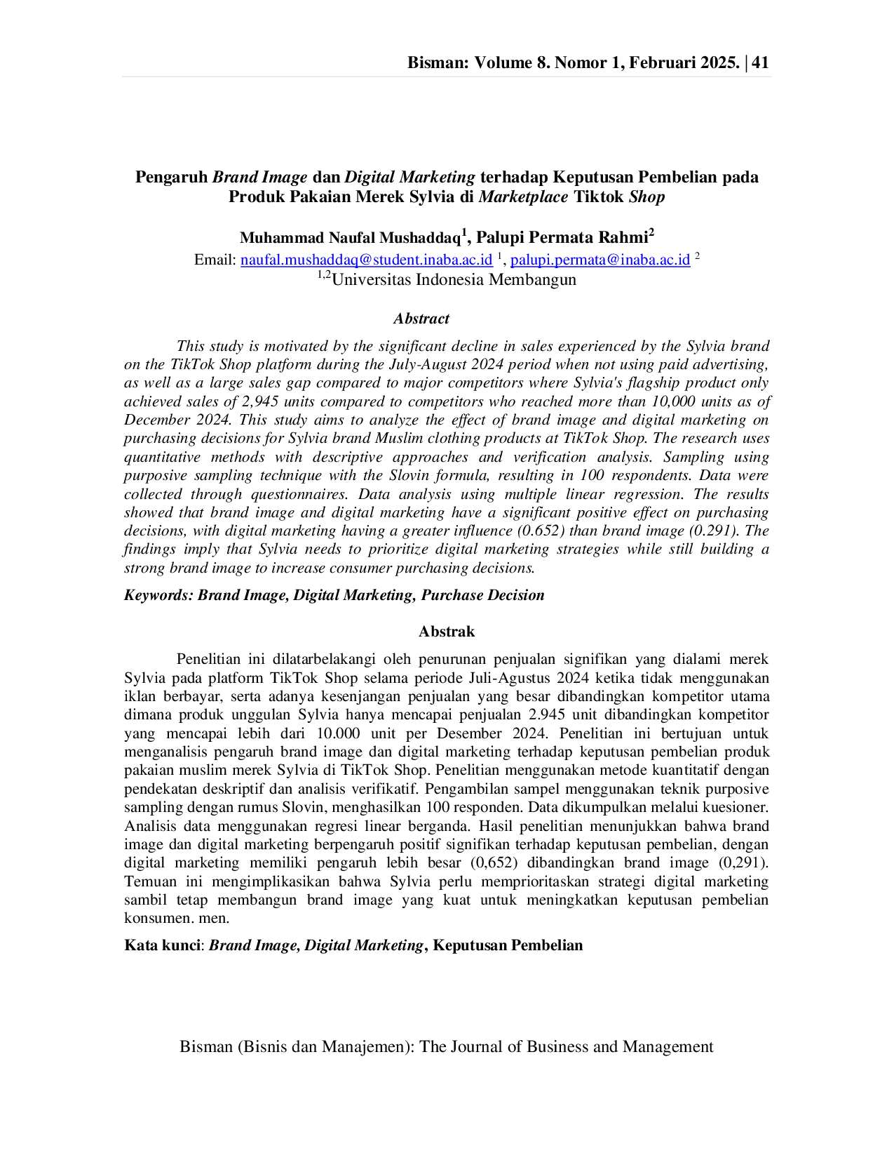 JURIS Pengaruh Brand Image Dan Digital Marketing Terhadap Keputusan Pembelian Pada Produk Pakaian Merek Sylvia di Marketplace Tiktok Shop