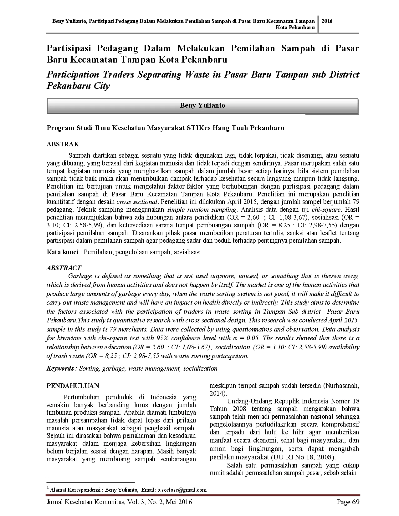 juris Partisipasi Pedagang Dalam Melakukan Pemilahan Sampah di Pasar Baru Kecamatan Tampan Kota Pekanbaru