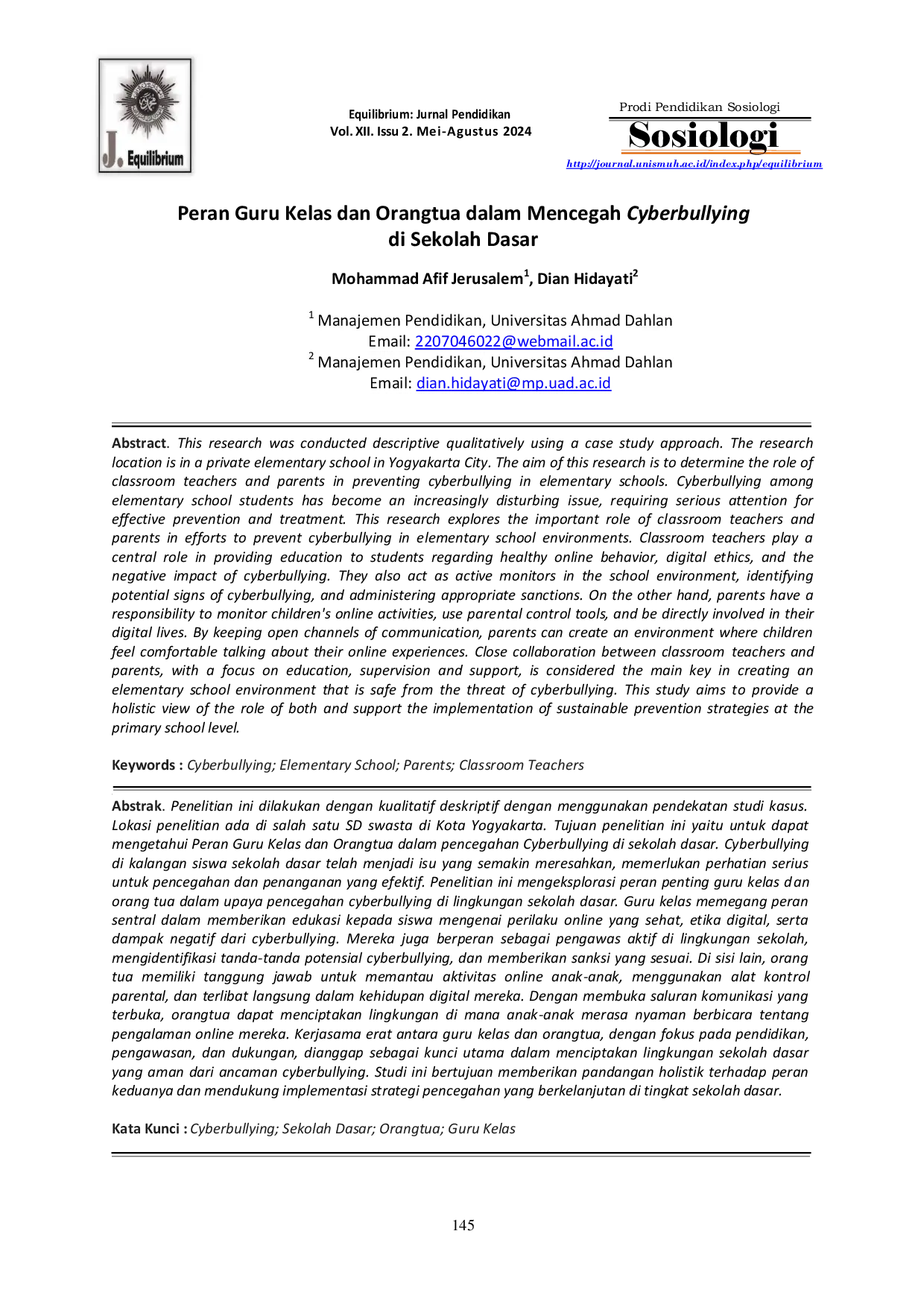 JURIS Peran Guru Kelas dan Orangtua dalam Mencegah Cyberbullying di Sekolah Dasar