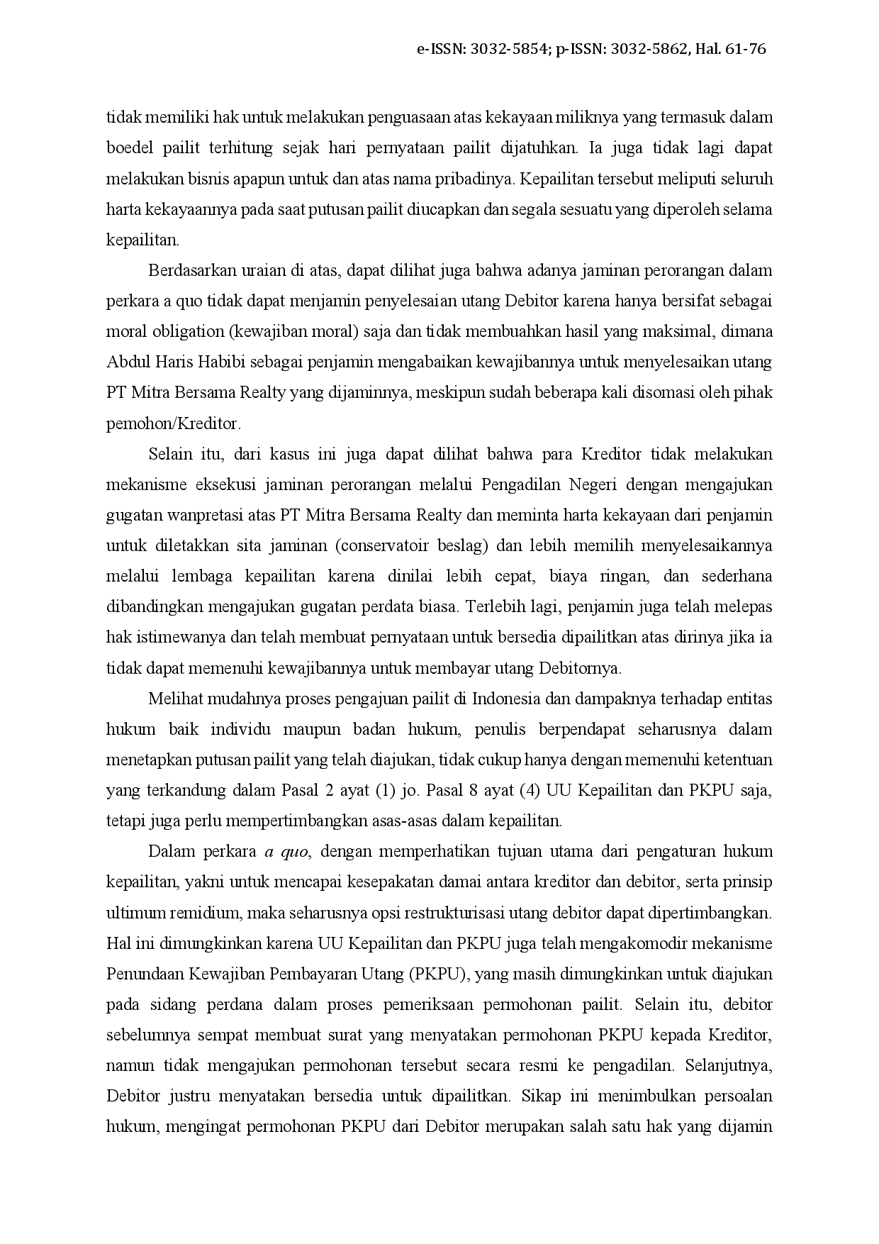 juris Efektivitas Kedudukan Direksi sebagai Personal Guarantee dalam Hal Kepailitan Perseroan Dikaitkan dengan Pembuktian Sederhana Studi Kasus Putusan No 20 Pdt Sus Pailit 2022 PN Niaga Smg