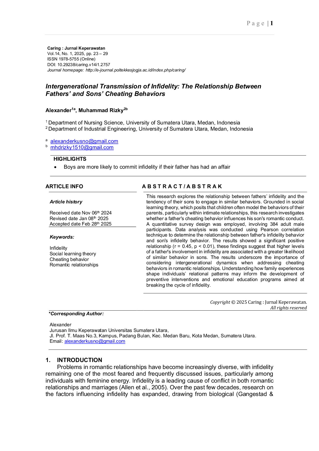 JURIS Relationship between Father s Cheating Behavior and Son s Cheating Behavior