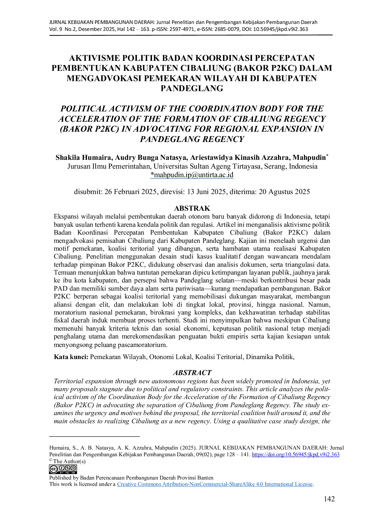 JURIS Aktivisme Politik Badan Koordinasi Percepatan Pembentukan Kabupaten Cibaliung Bakor P2KC Dalam Mengadvokasi Pemekaran Wilayah di Kabupaten Pandeglang